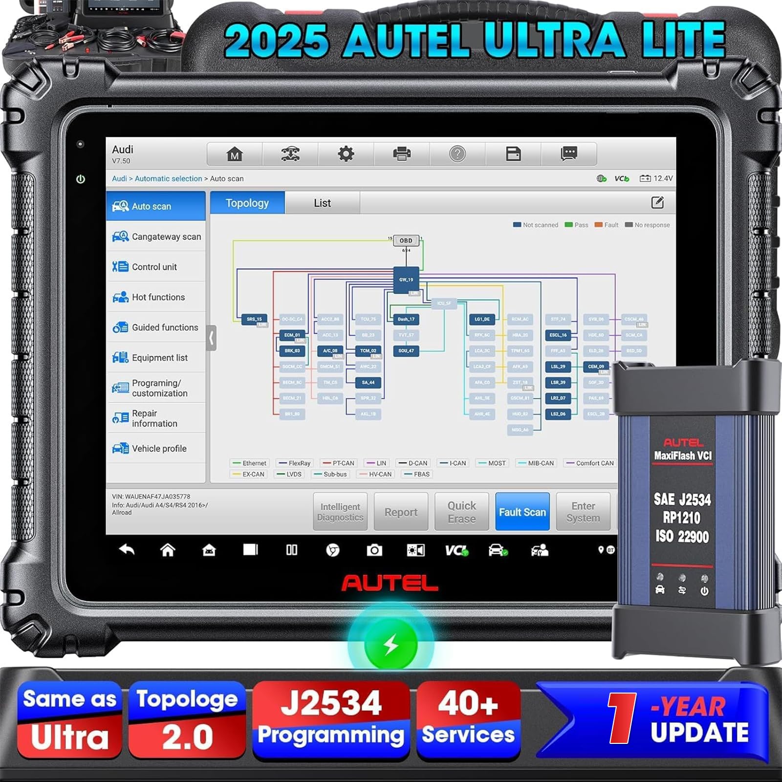 Autel MaxiCOM Ultra Lite OBD2 Diagnosegerät: 2 Jahre Update, Intelligentes Diagnosegerät, Neueres Modell von MS Elite MS919 MS909, ECU-Programmierung/Codierung, Topologie, Aktiver Test, 40+ Service