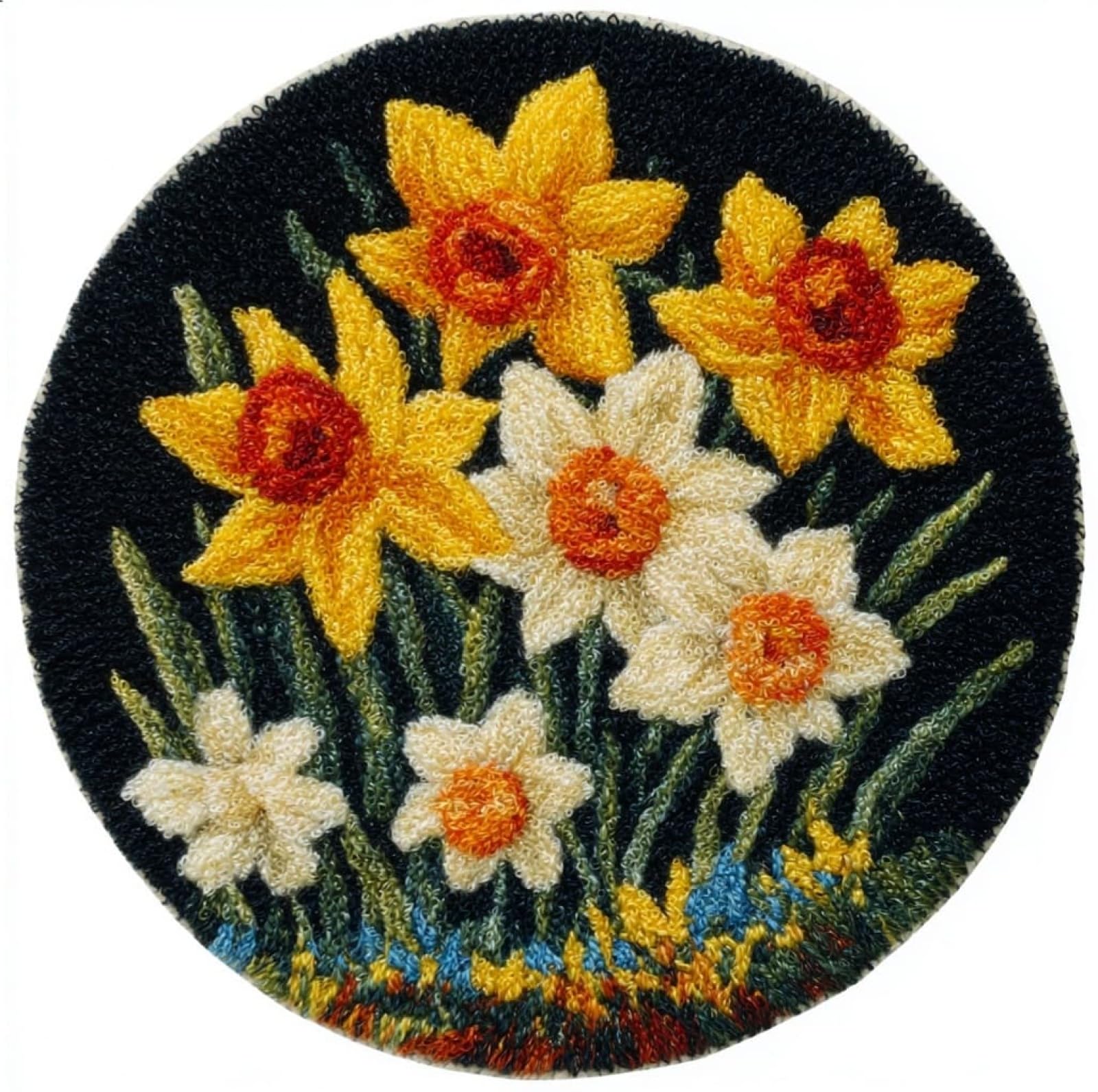WallustrioaW Latch Hook Rug Kits for Adults,Daffodil Flowers,Crochet Kits for Beginners,DIY Cross Stitch Cushion Craft with Yarn and Crochet Hook,50x50cm