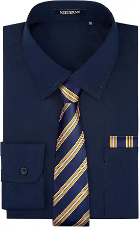  Mens Dress Shirt with Tie Pocket Square Set Classic Button Down Shirt Matching Tie Long Sleeve Shirts
