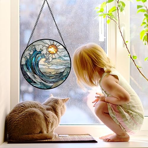 Miniatura 3 de Atrapasoles de cristal para colgar en la ventana, diseño de ondas azules y blancas, panel de cristal de diamante, decoración para cumpleaños para