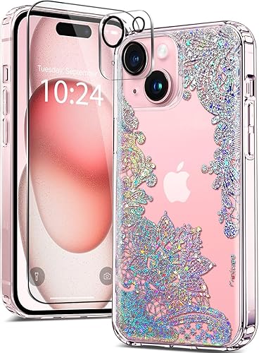 Coolwee Funda transparente antiamarillamiento con purpurina para iPhone 15, 6.1 pulgadas, 6.6 pies, protección de grado militar, protector de