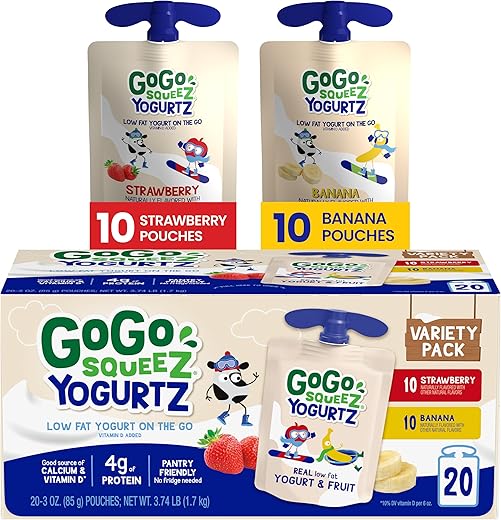 GoGo squeeZ Fruit & veggieZ Variety Pack, Jurassic Pear, Roarrrr Berry & Prehistoric Peach, 3.2 oz (Pack of 20), Unsweetened Snacks for Kids, No Gluten, Nut & Dairy, Recloseable Cap, BPA Free Pouches