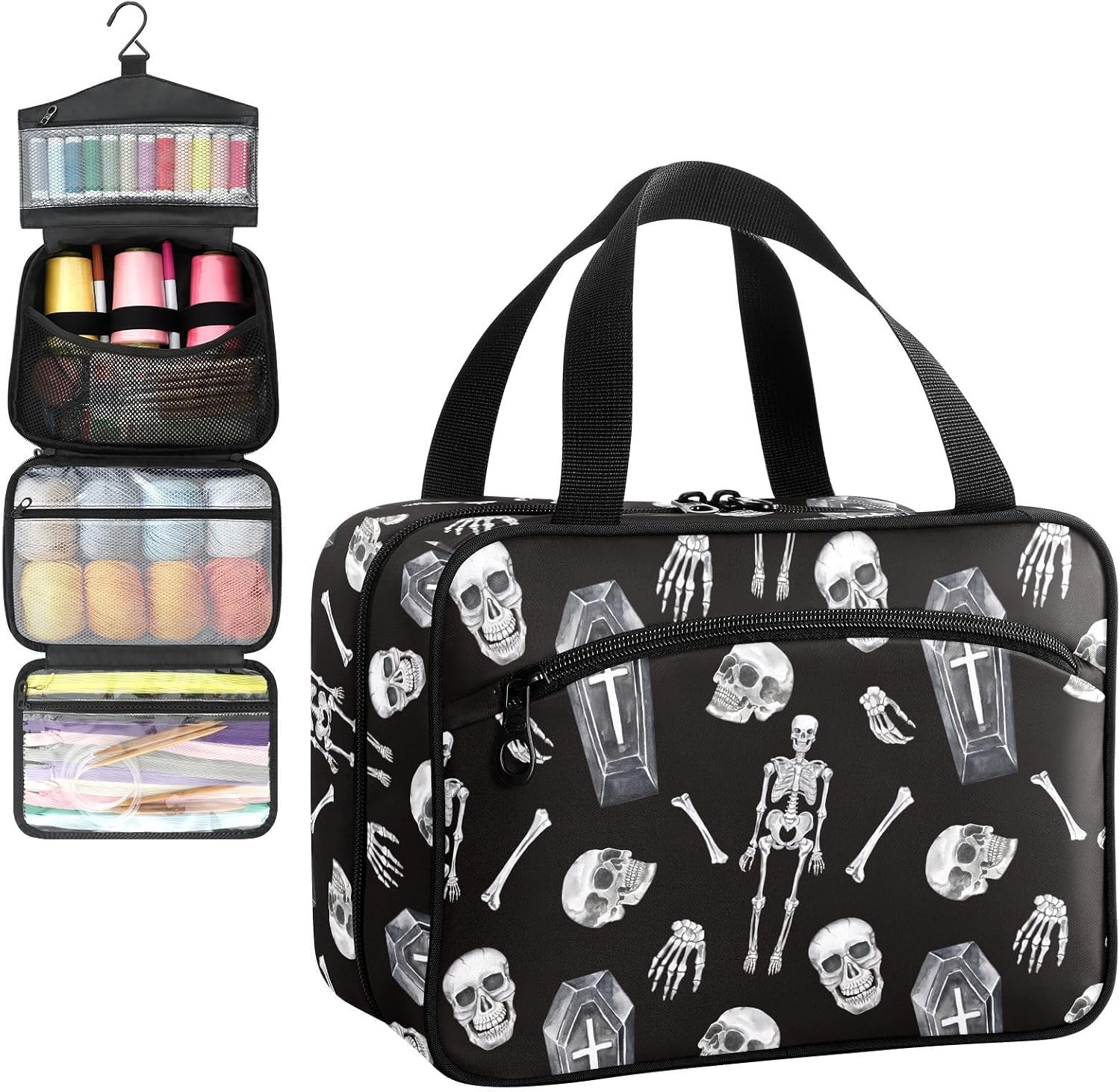 Sewing Supply Organizer Bag, Gothic Skull Skeleton Coffin Black Portable Sewing Bags with Pockets&Hanger, Sewing Storage Box Case for Sew Supplies/Kit/Tools/Accessories (BAG ONLY)