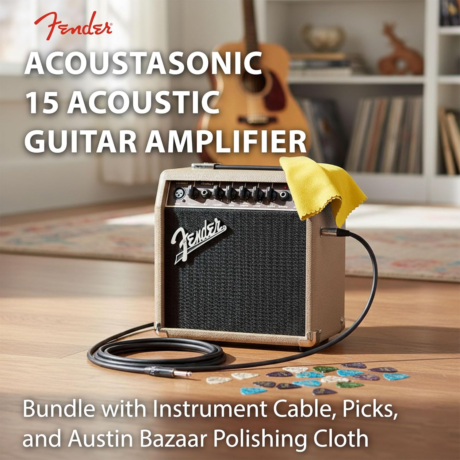 Fender Acoustasonic 15 Acoustic Guitar Amplifier Bundle with Instrument Cable, Picks, and Austin Bazaar Polishing Cloth - Image 2