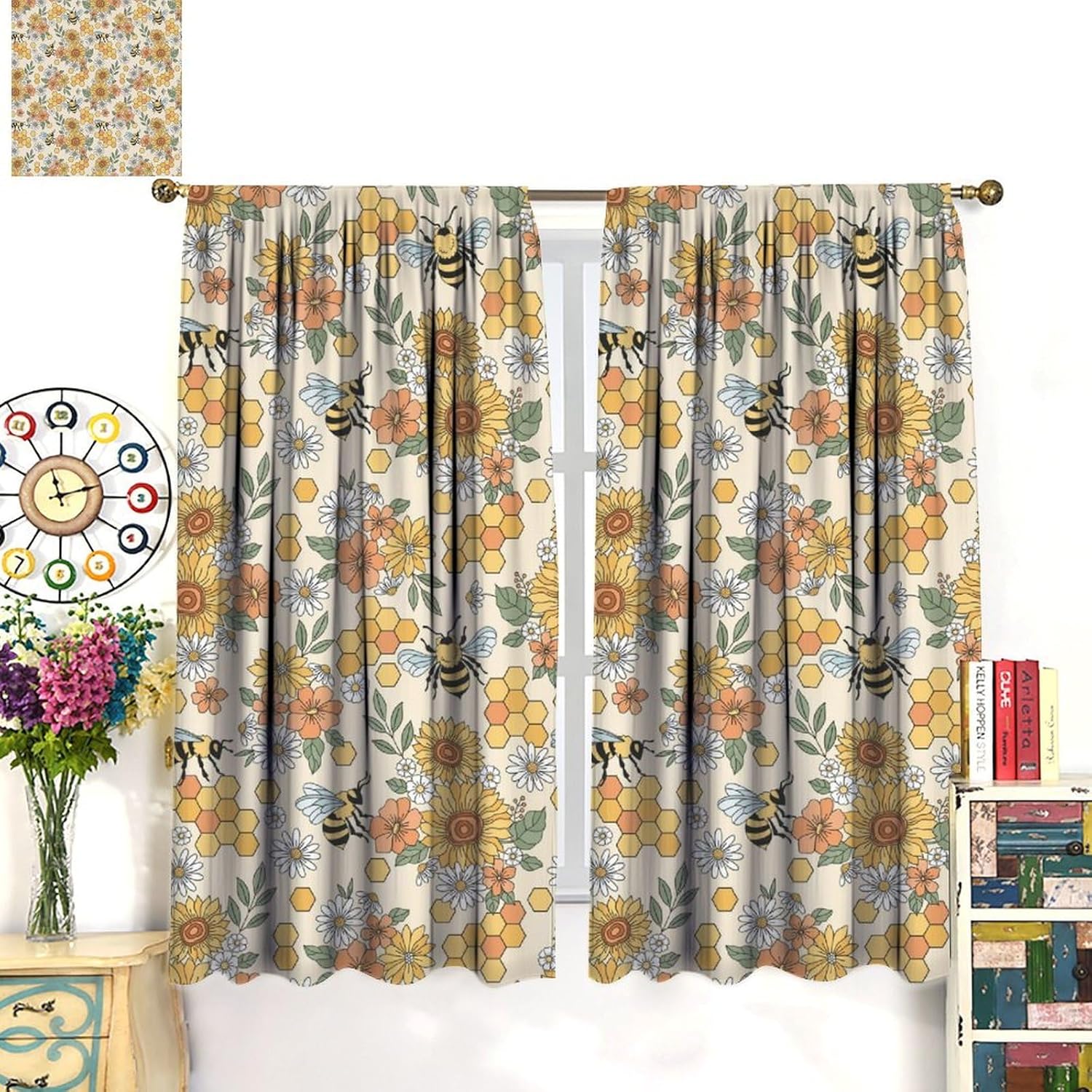 Spring Bees Curtains Colorful Flowers Yellow Geometric Hexagonal Honeycomb Cartoon Cute Flying Bees Bedroom Living Room Rod Pocket Decoration Window Drapes 2 Panels W21xL45in