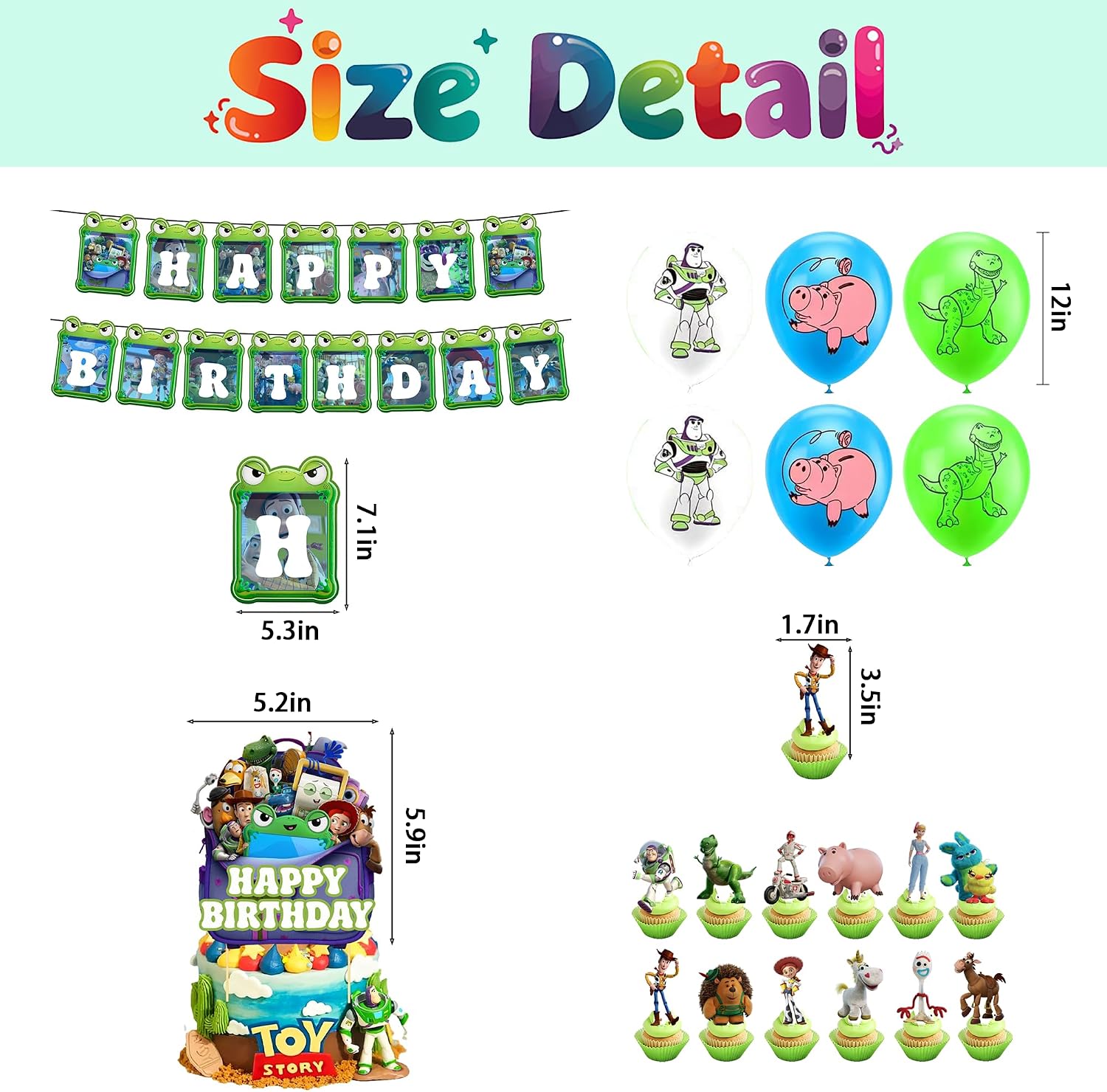 32 Pcs Toy Movie Story Birthday Decorations, Cute Cartoons Party Decorations, Includes 1 “Happy Birthday” Banner, 18 Balloons, 1 Cake Topper, and 12 Cupcake Toppers image 2