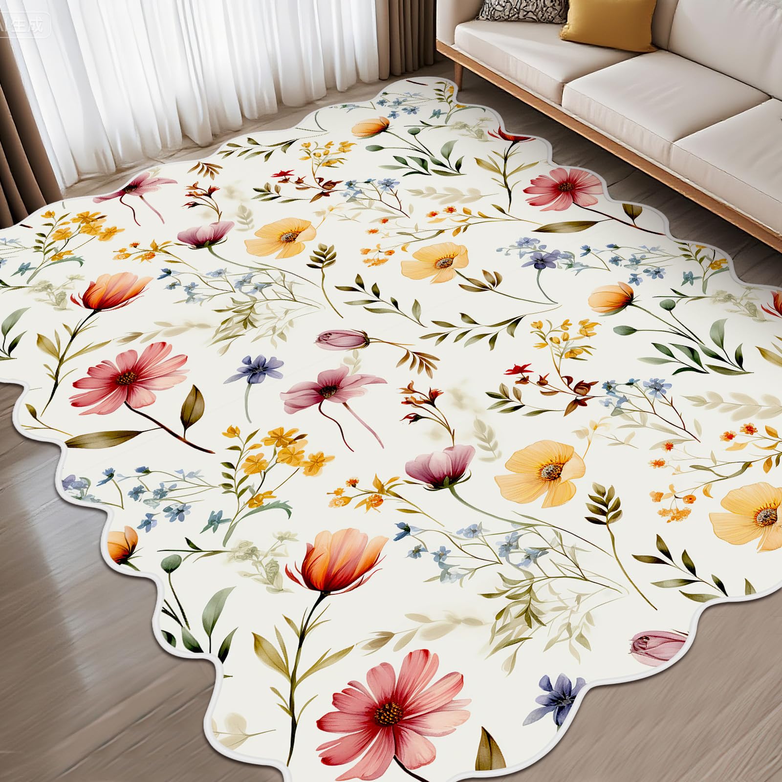 Drydiet Wildflower Boho Area Rugs 4 x 6 ft Cute Sweet Throw Rugs White Aesthetic Soft Bedroom Carpet for Living Room Dining Playroom Nursery Family
