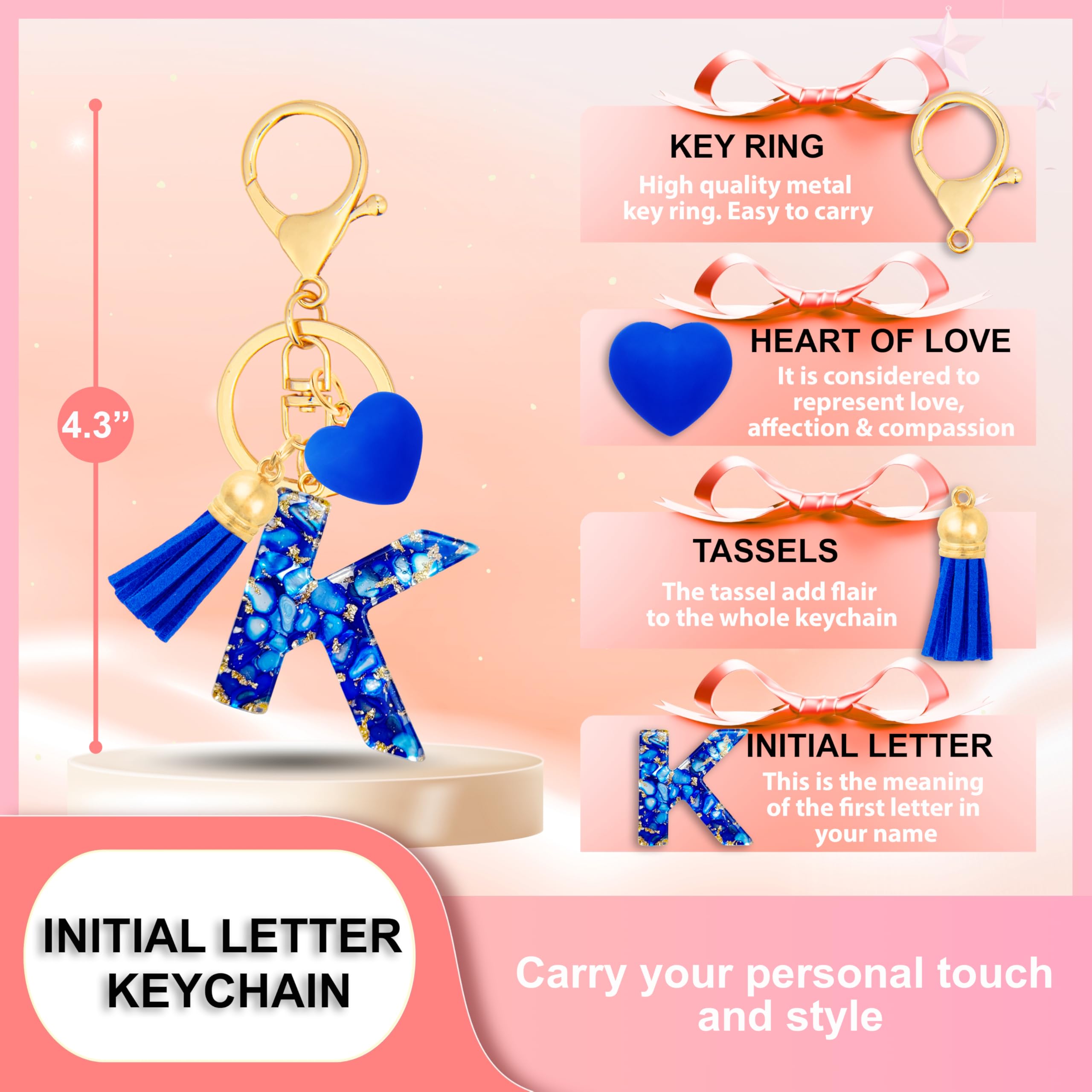 Initial Keychains for Women with Cute Heart Resin - Alphabet Letter Keychain for Bag, Backpacks, Purse or Car key