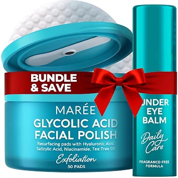 MAREE Ageless Skin & Glow Bundle - Glycolic Acid Polishes and Eye Balm Bundle - Exfoliating Toner Pads with MAREE Under Eyes Balm Stick - Under Eye Brightener Retinol Stick with Glycolic Acid Pads