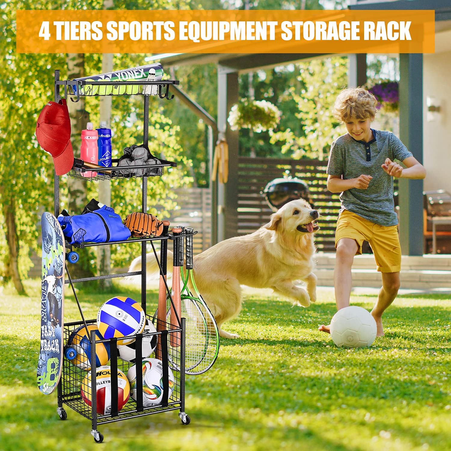 PLKOW Sports Equipment Storage for Garage, Indoor/Outdoor Sports Rack for Garage, Ball Storage Garage Organizer with Basket and Hooks,Toy/Sports Gear Storage (Black) : Sports & Outdoors