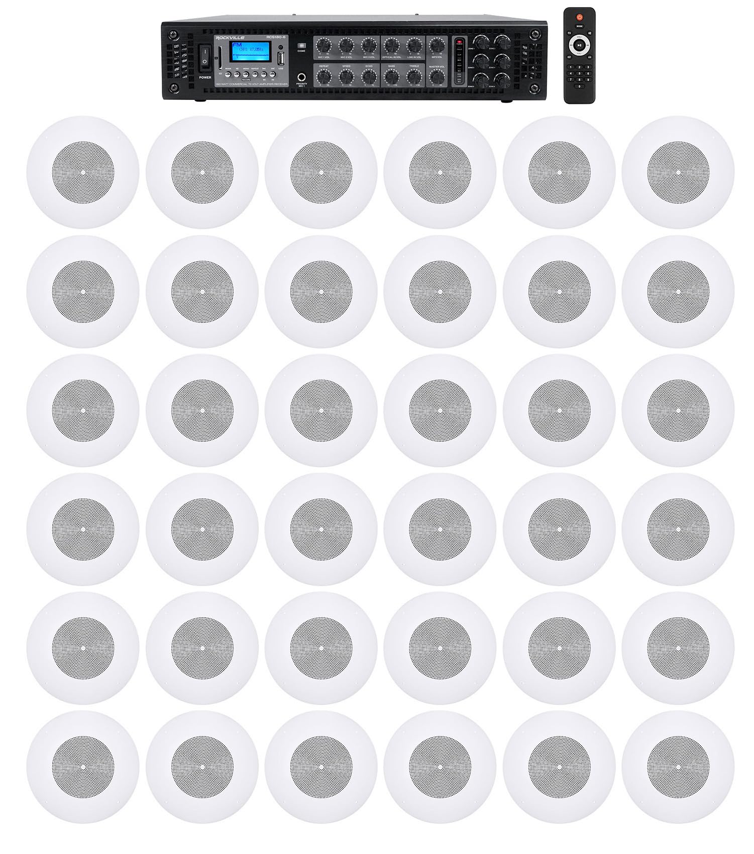 Rockville RCS180-6 180 Watt 6 Zone 70v Commercial/Restaurant Amplifier/Bluetooth Bundle with (36) JBI CSS8008 8