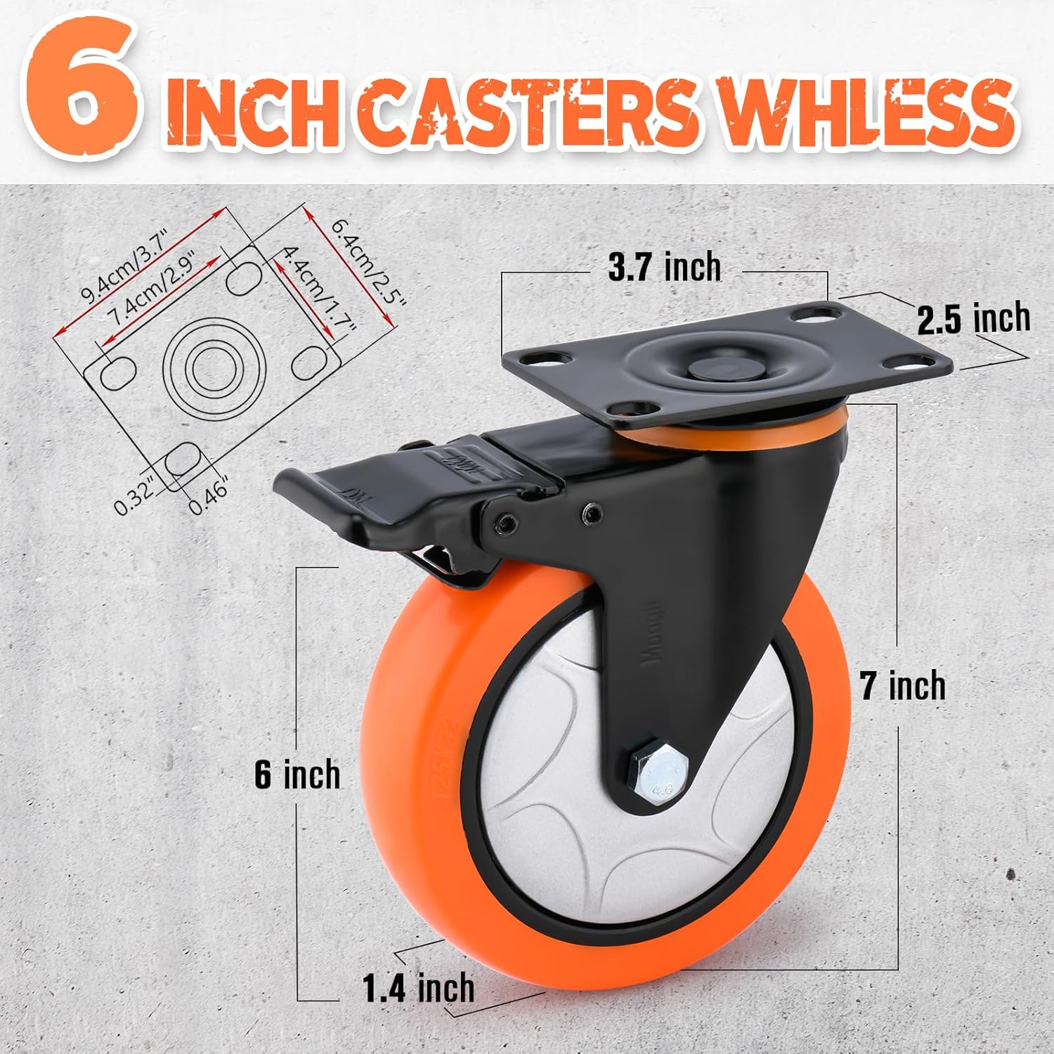 6 Inch Heavy Duty Swivel Caster Wheels with Brake - Set of 4, 3000 Lbs Capacity, PVC No Noise No Marking Wheels for Furniture, Carts, and Equipment (Includes Free Screws)