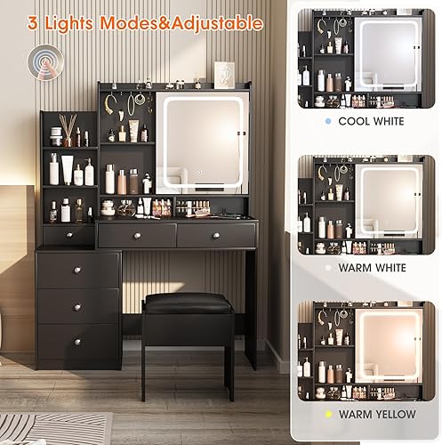 Miniatura 4 de Vabches Escritorio con espejo de maquillaje con taburete, juego de tocador de maquillaje con 6 cajones y estantes, tocador con tira de alimentación,