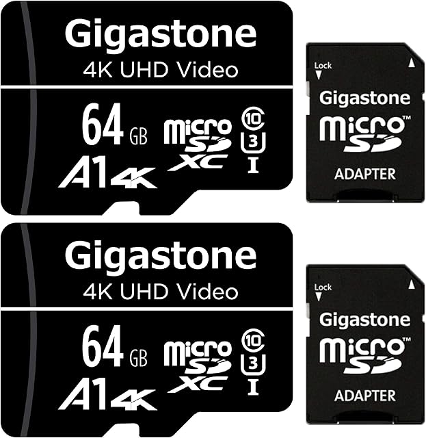 Gigastone Micro SD Card 64GB 2-Pack with 2x SD Adapter + 2x Mini-case, 4K UHD Video, Surveillance Security Cam Action Camera Drone Professional, 90MB/s Micro SDXC UHS-I A1 Class 10