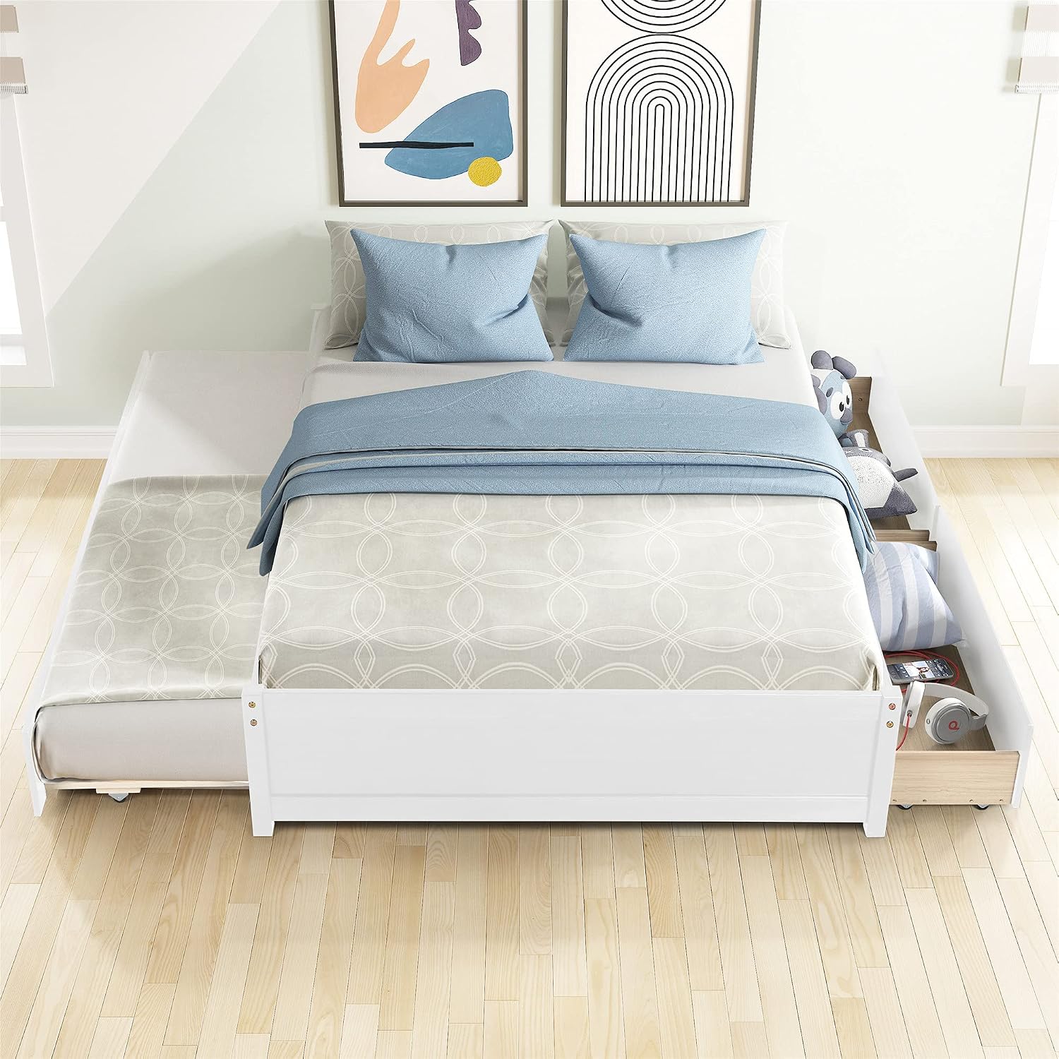 MERITLINE Full Bed Frame with Drawers and Trundle,Full Size Wood Platform Bed with Storage, Space Saving Full Captain Bed for Kids Teens or Adults, No Box Spring Needed,White