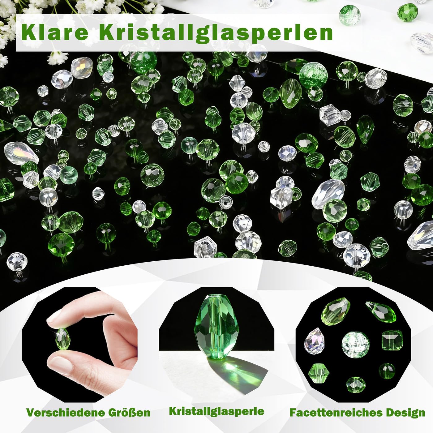 1200 Stück Glas Perlen für Armbänder, 4/6/8 mm Glasperlen zum Auffädeln mit Behälterbox, Grüne Perlen Kristallperlen, Glass Beads mit Loch für Basteln & Diy