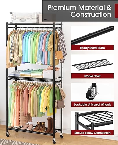 Vista 3 de Perchero de ropa de 33.0 x 12.2 x 79.5 pulgadas, con estantes y ruedas, armario multifuncional con ganchos, perchero de metal resistente para Negro