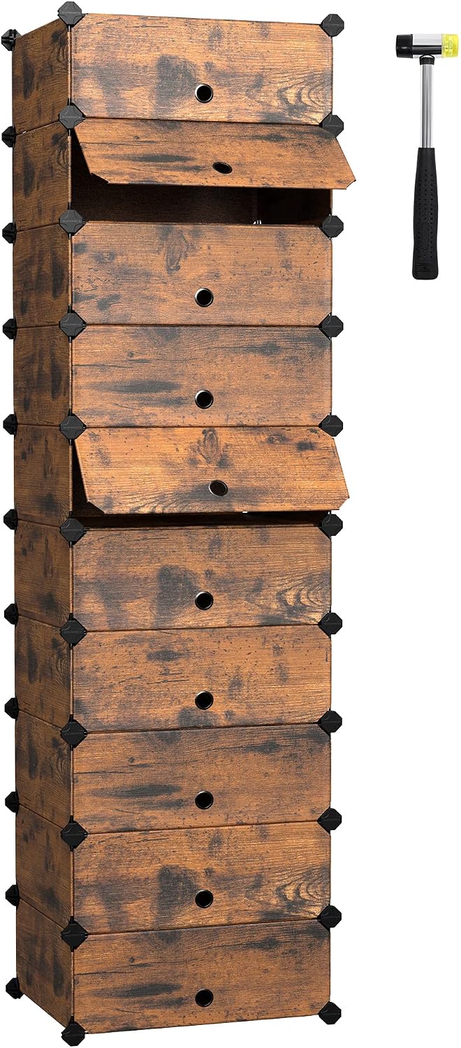 SONGMICS Shoe Rack, Boltless Shelving System, Shoe Organiser, DIY Shelf, with Door, Made of PP Plastic, 10 Tiers, Vintage Brown LPC010A01