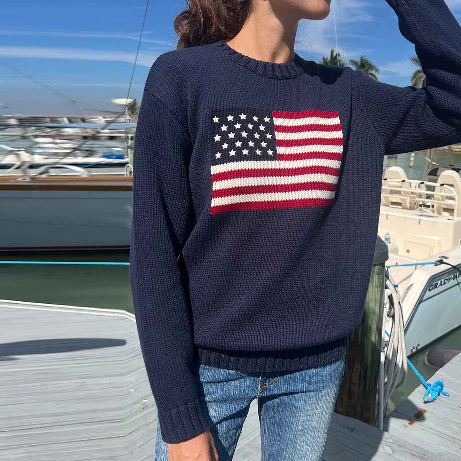 Luckinbaby Maglione con bandiera americana da donna a righe maglioni a stella USA felpa patriottica lavorata a maglia allentata pullover top
