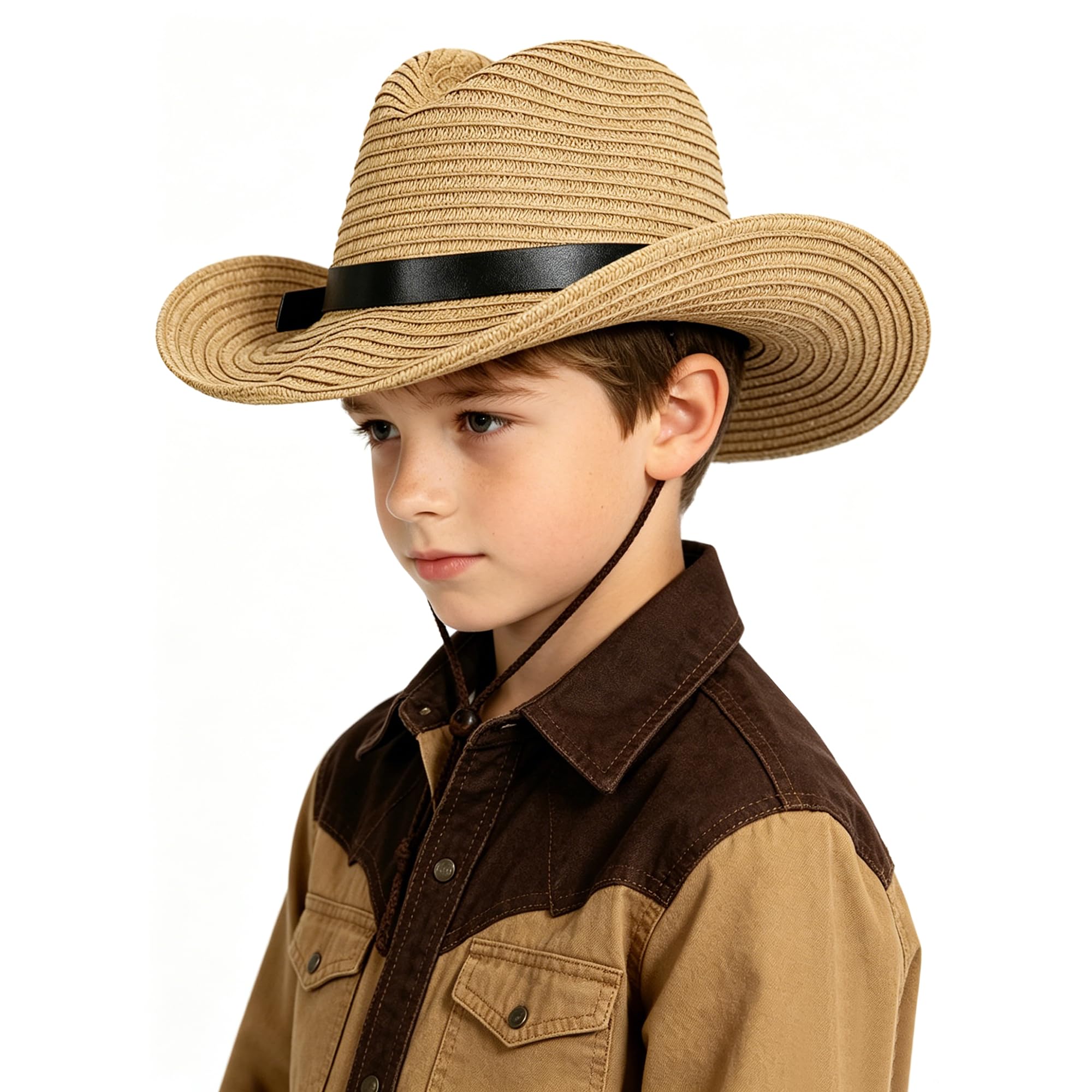 JIAHG Chapeau de Paille Enfant 3-8 Ans Chapeau de Cow-Boy Western Panama UV Protection avec Mentonnière Casquette Visière de Soleil Plage Voyage Camping Randonnée