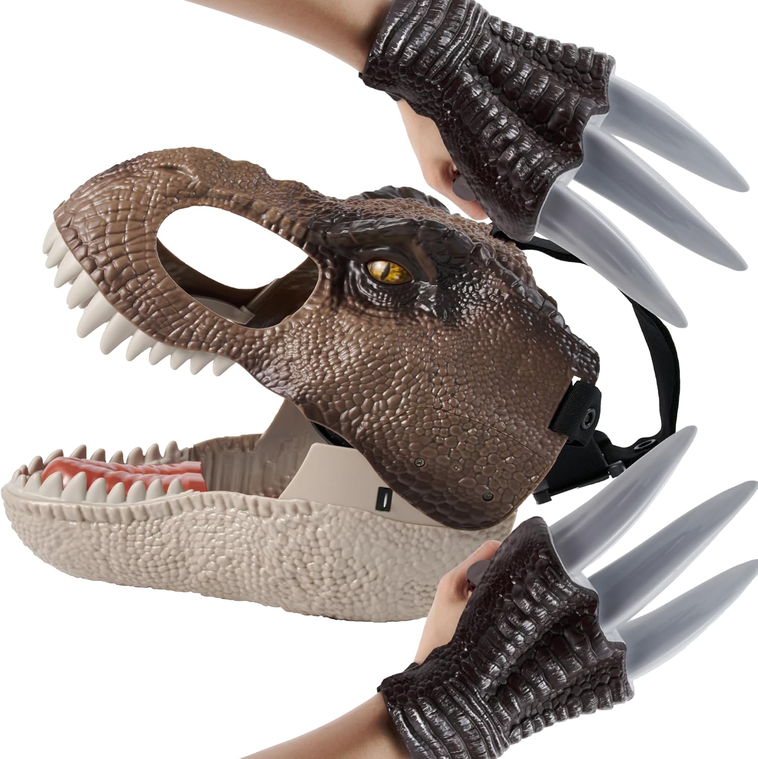 T-Rex Mask and Claw Set, Realistic Design with Dino Roars, Adjustable Strap, Non-Toxic Material, Includes 2 Taloned Gloves for Dress Up, Halloween, Pretend Play