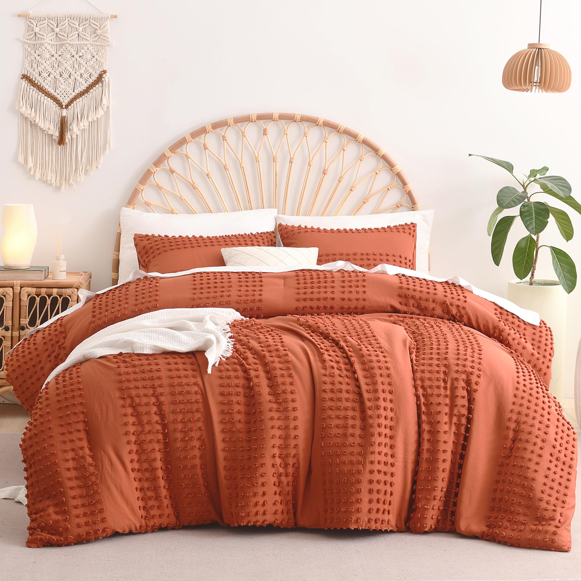 Litanika Full Size Comforter Terracotta, Boho Tufted Comforter with Burnt Orange Jacquard Pom, Dots Shabby Chic Bed Set, Rust Lightweight Bedding 3 Pieces for All Season(79x90 Inches)