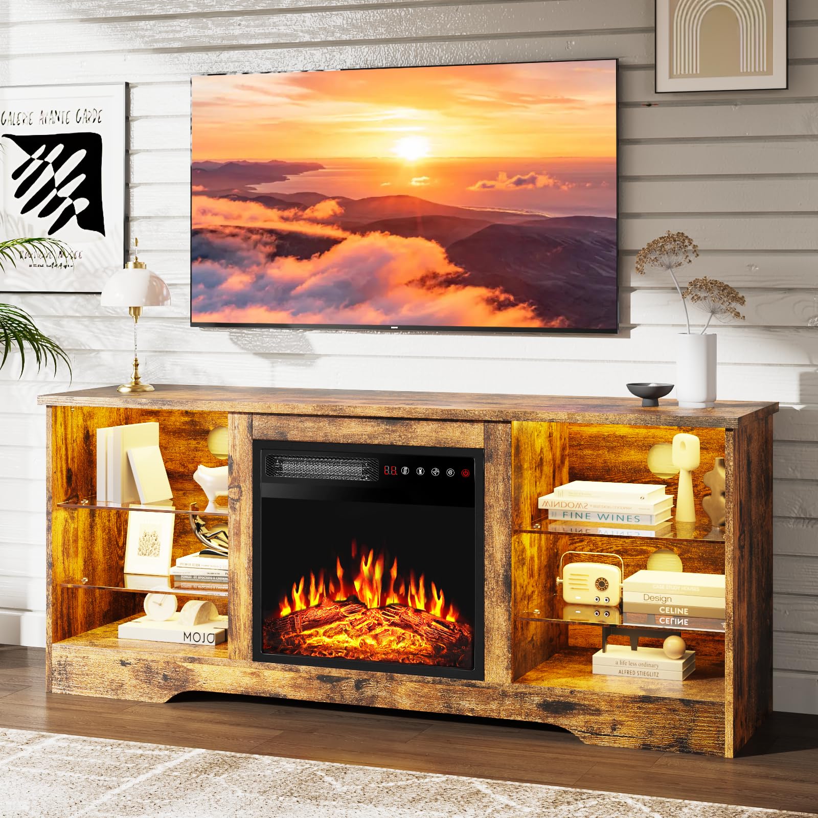 PRETZI Fireplace TV Stand Brown