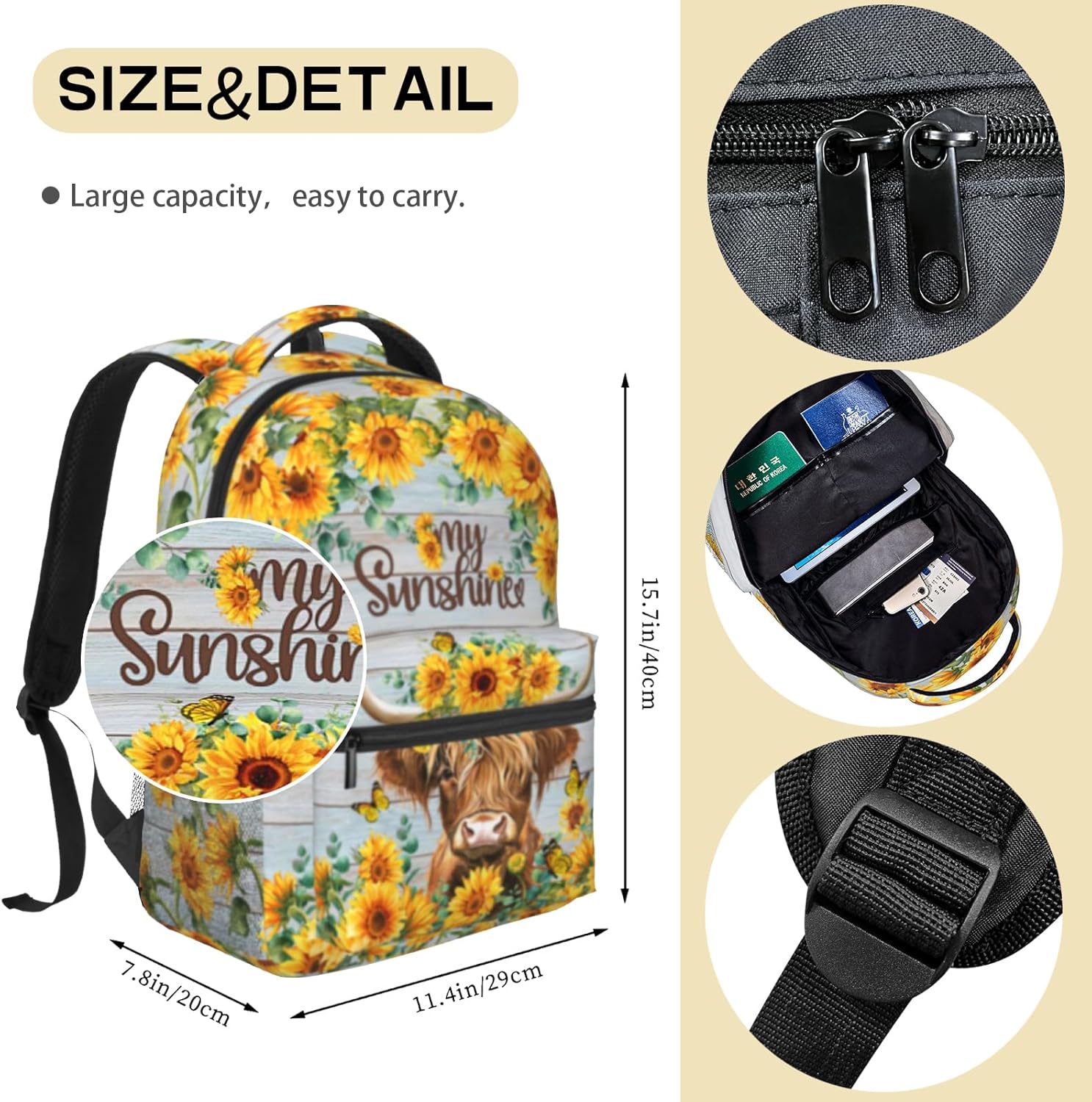 Highland Cow Backpack for Teen Girls Women Sunflower Print Backpack for Kids Lightweight Bookbag for Elementary Preschool Bookbags - Image 2