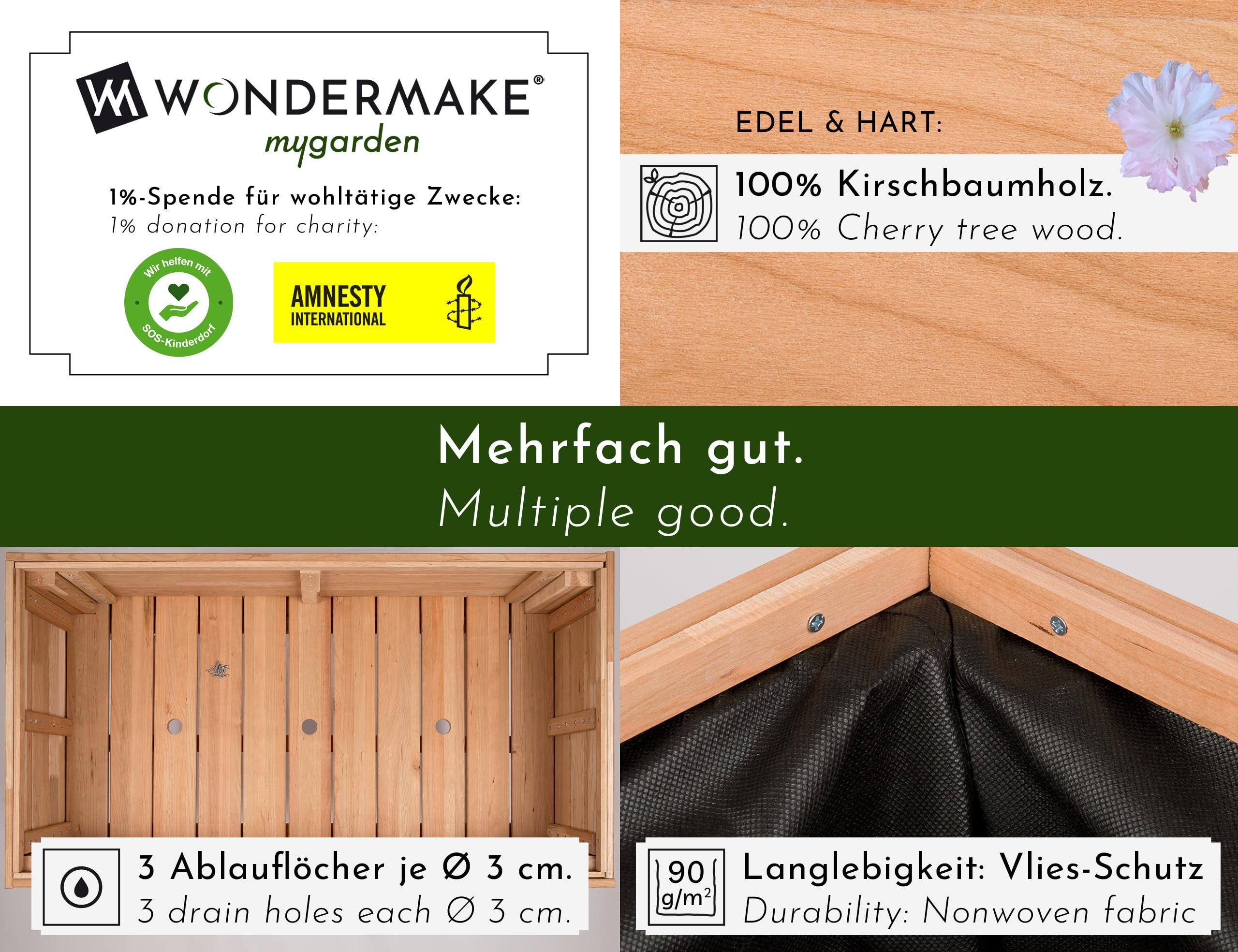 Huerto Urbano, Jardinera elevada de Madera de Cerezo para jardín, balcón o terraza, Kit de Maceta XL Rectangular lámina Interior, para Hierbas aromáticas, marrón