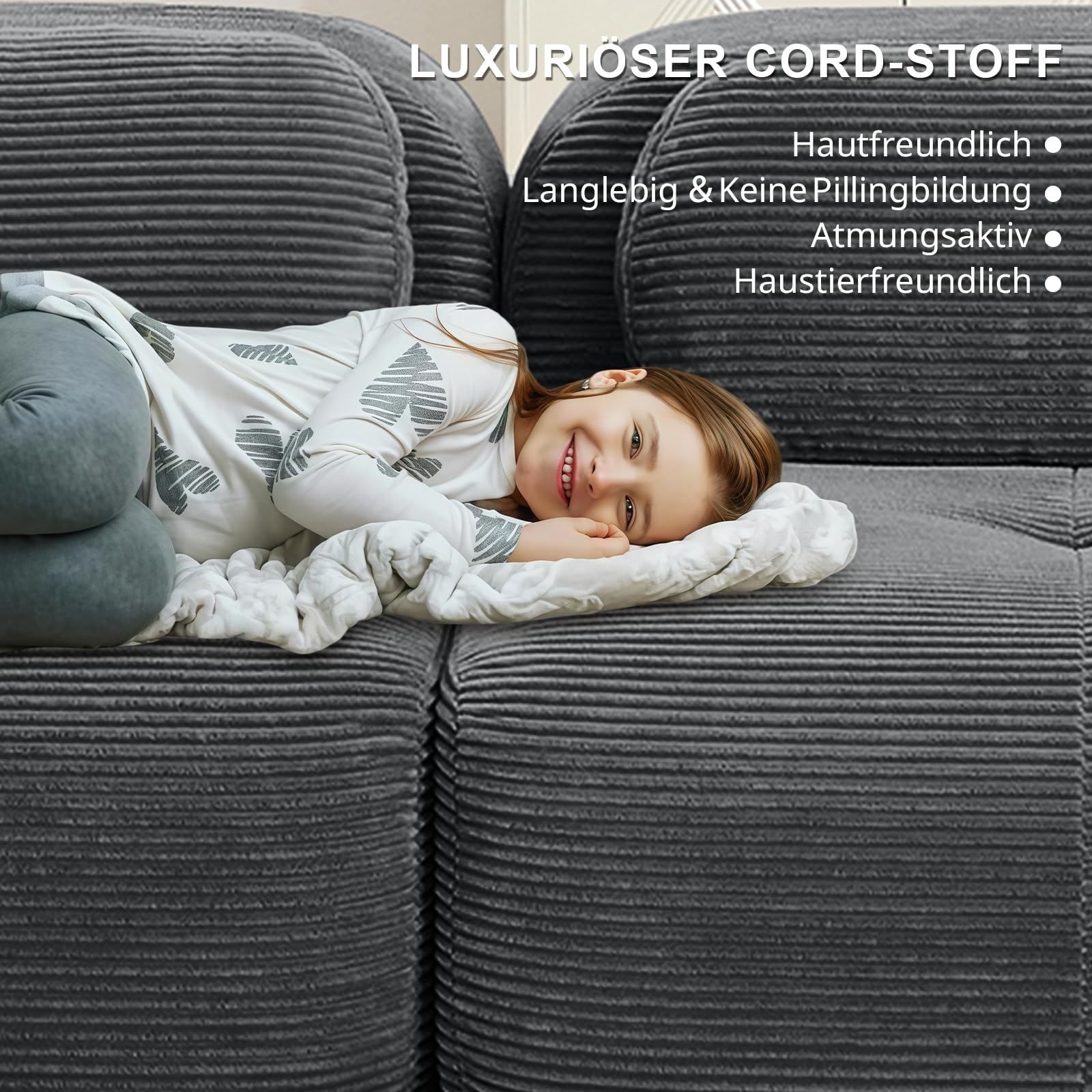 Cloud-Stil modulares Bodensofa, tiefes Sitzsofa 2 Sitzer mit 2 Hockern, Cordstoff, kein Aufbau erforderlich, für Wohnzimmer, Lounge und Schlafzimmer,Grau