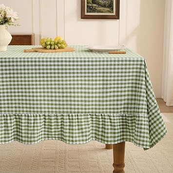 Romanstile Gingham Ruffled Tablecloth Rectangle, 60 x 84 Inch, Sage Green
