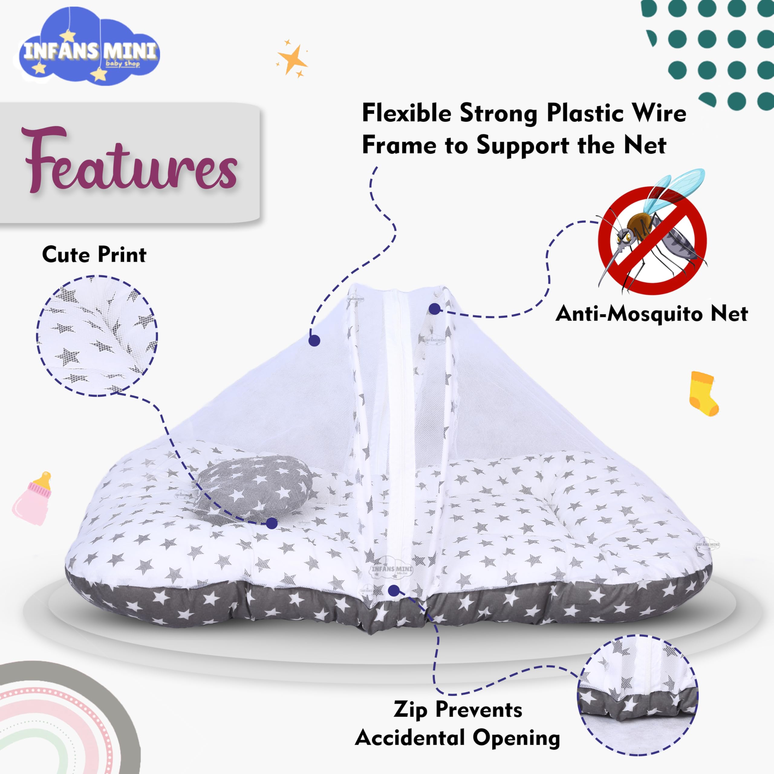 Infans Mini Baby Bed with Mosquito and Insect Protection Net, Portable Mattress with Zip Closure & Pillow Ideal for Babies from 0-6 Months-Unisex (Star Grey) - Image 5 thumbnail