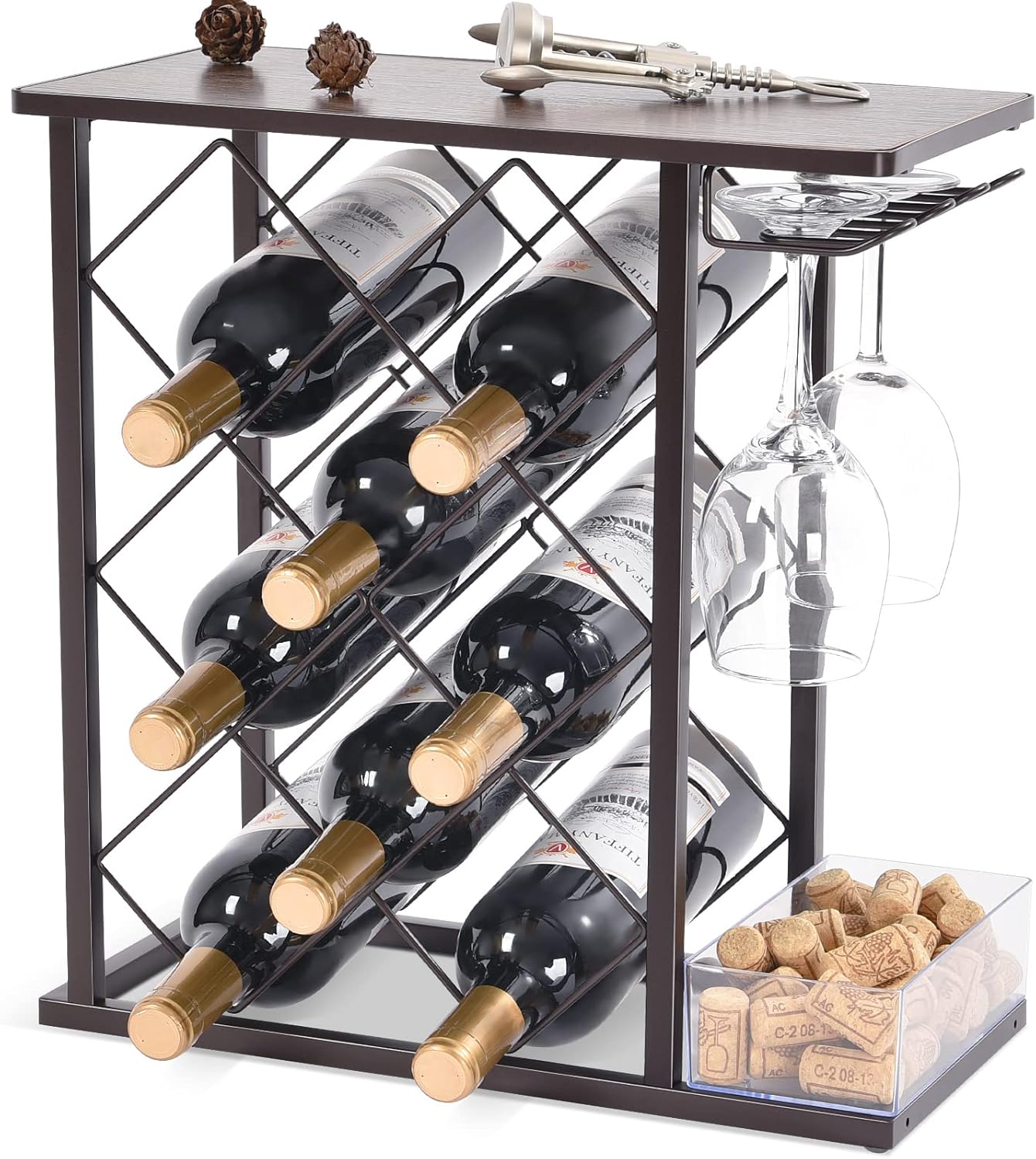 KINGRACK Wine Rack with Glass Holder, Countertop Wine Rack, Wooden Wine Holder with Tray and