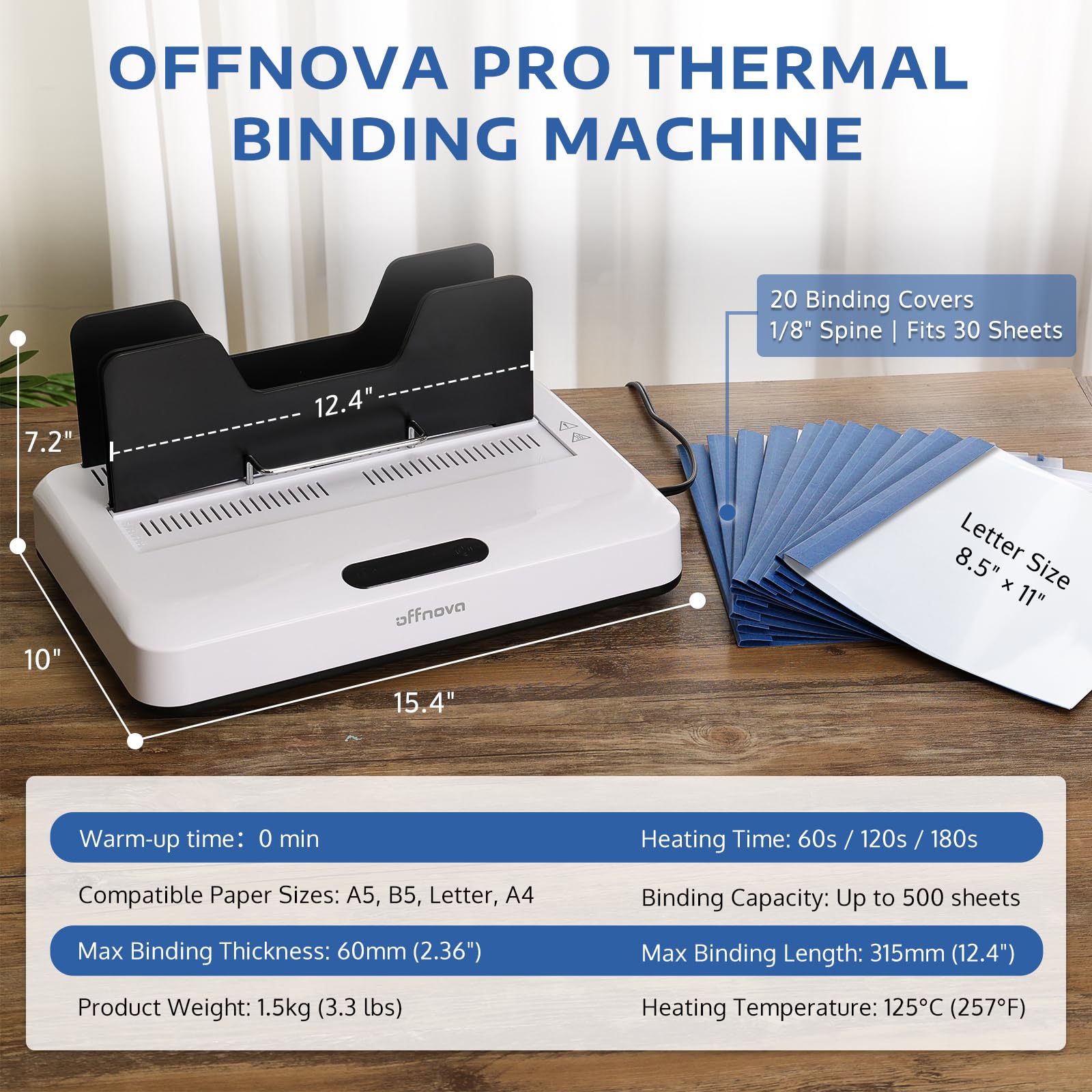 OFFNOVA Relieuse thermique d'une capacité de 500 feuilles, sans préchauffage, refroidissement à l'air, relieuse de livres avec 20 couvertures de reliure, pour documents commerciaux au format A4/A5