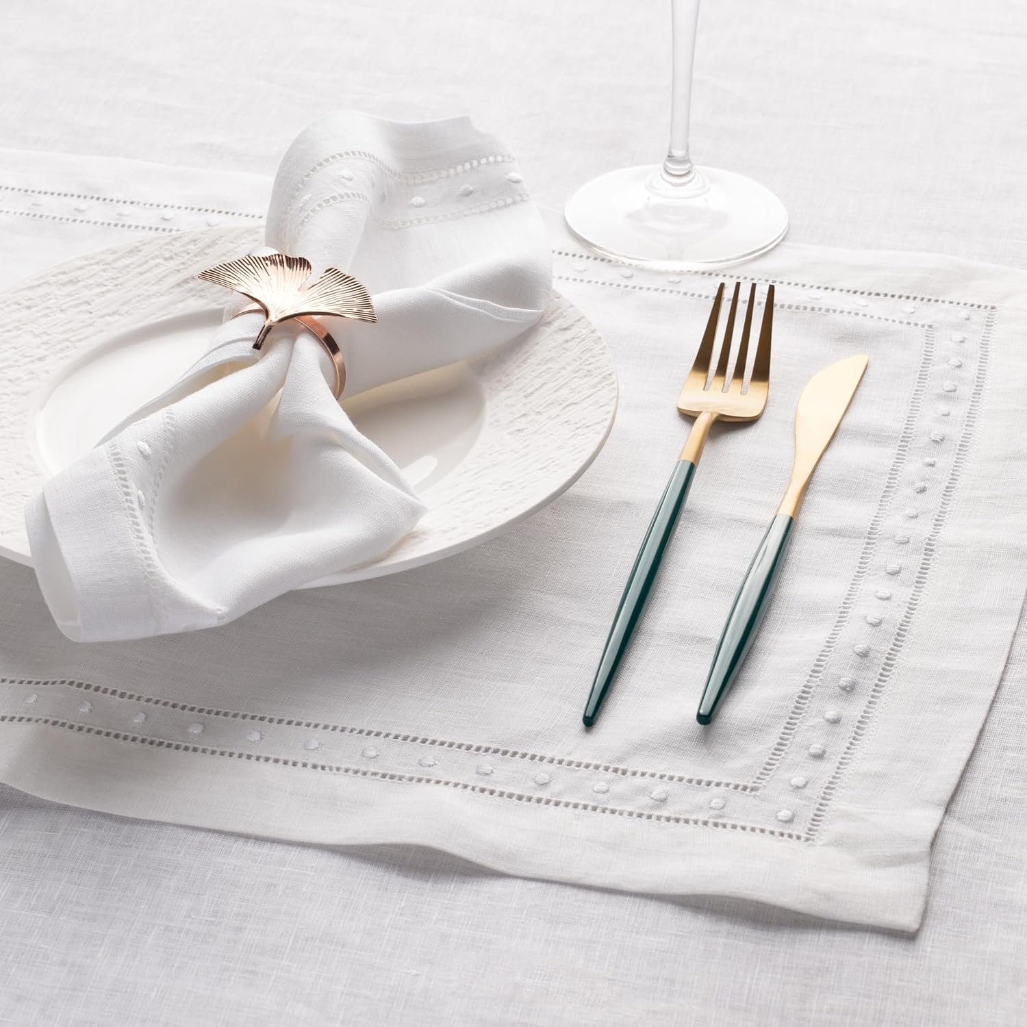 Linen Placemats 14 x 19 inch - 100% Pure Linen White Placemats with Embroidered Dot Set of 4 - Hemstitch Linen Placemats Washable for 4th of July and Summer Decor