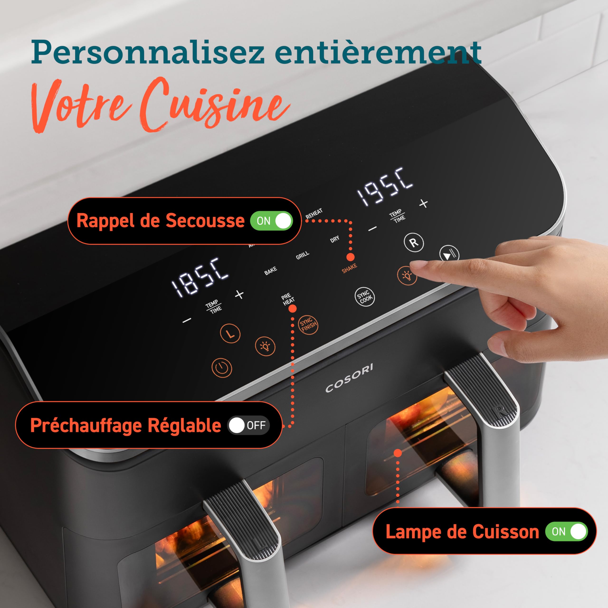 Cosori Air Fryer R901 8,5L 85% de graisse en moins | 8-en-1, 71% d'énergie en moins, 55% plus rapide, pour jusqu'à 8 personnes, va au Lave-vaisselle, Noir