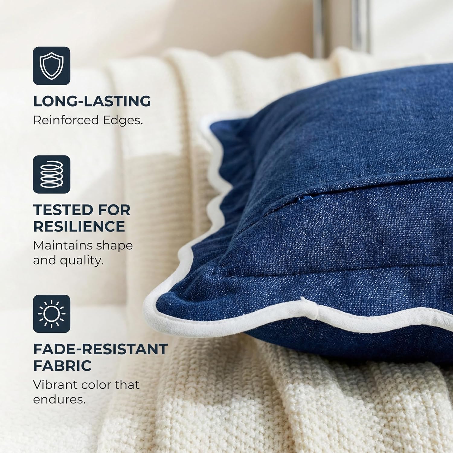 Spring Scalloped Pillow Cover Pack of 2, 18x18 Inch Invisible Zipper Boho Decorative Cases for Living Room Bedroom Office (Blue, 18" x 18" (Pack of 2))