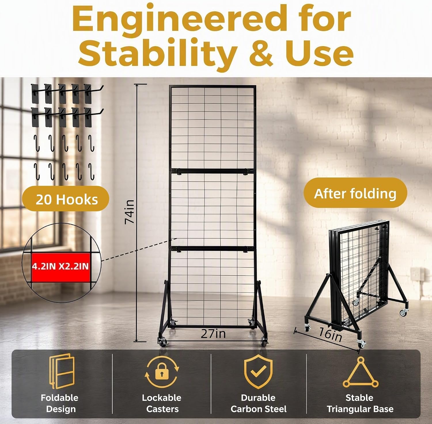 6FT x 2FT Foldable Grid Wall Panel with Braked Wheels, 20 Hooks Included | No Tools Setup Wire Heavy-Duty Grid Display Rack for Art Fairs, Craft Shows, Retail & Home Storage