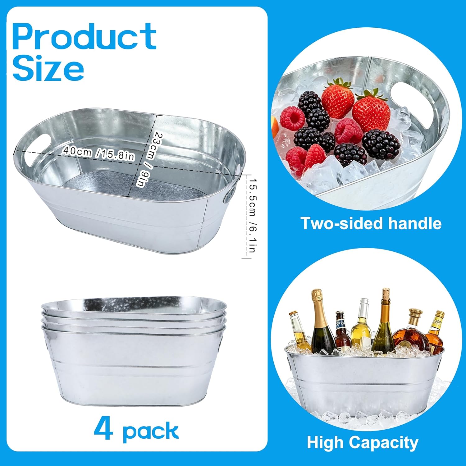 4 pack 3 gallon galvanized tub, beverage tub, ice buckets for parties, drink buckets for parties, beverage tubs for parties, metal ice tub with handle for beer wine cooling, mimosa bar supplie