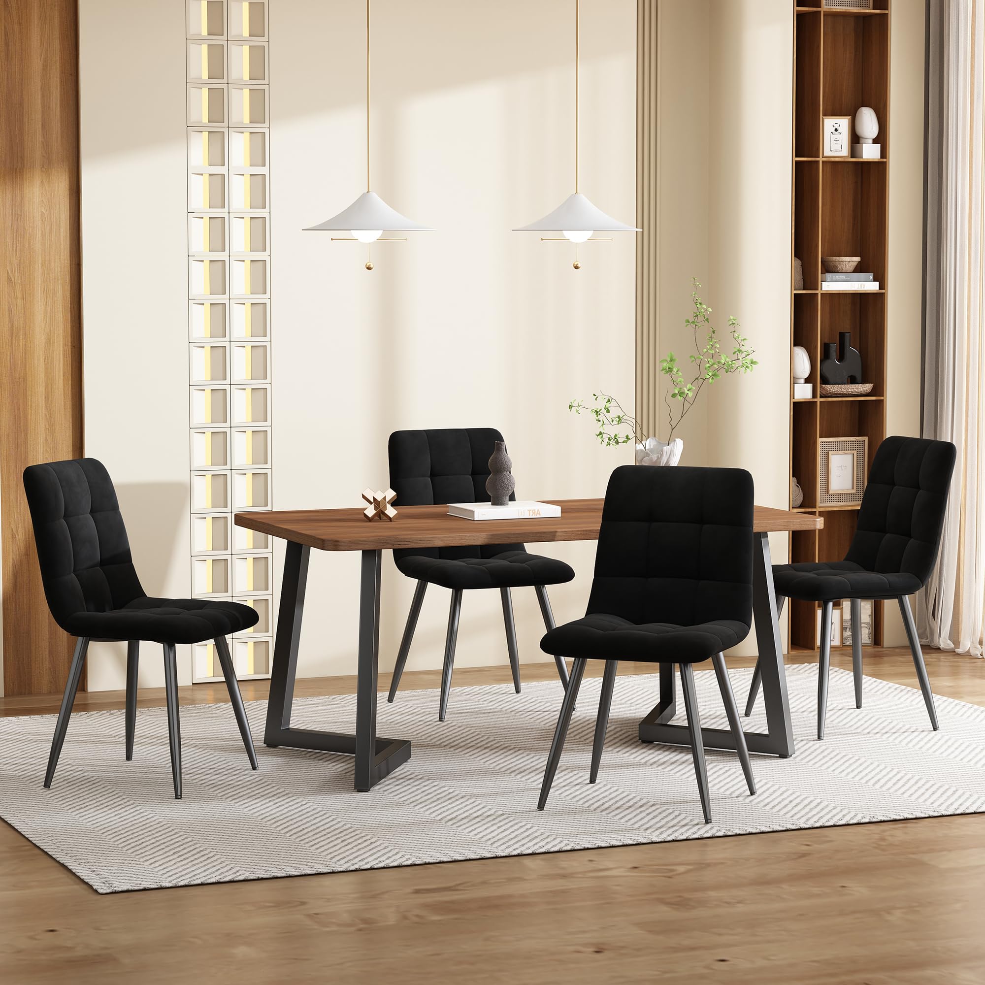 Mesa de madera de nogal y 4 sillas de terciopelo gris para comedor y salón moderno