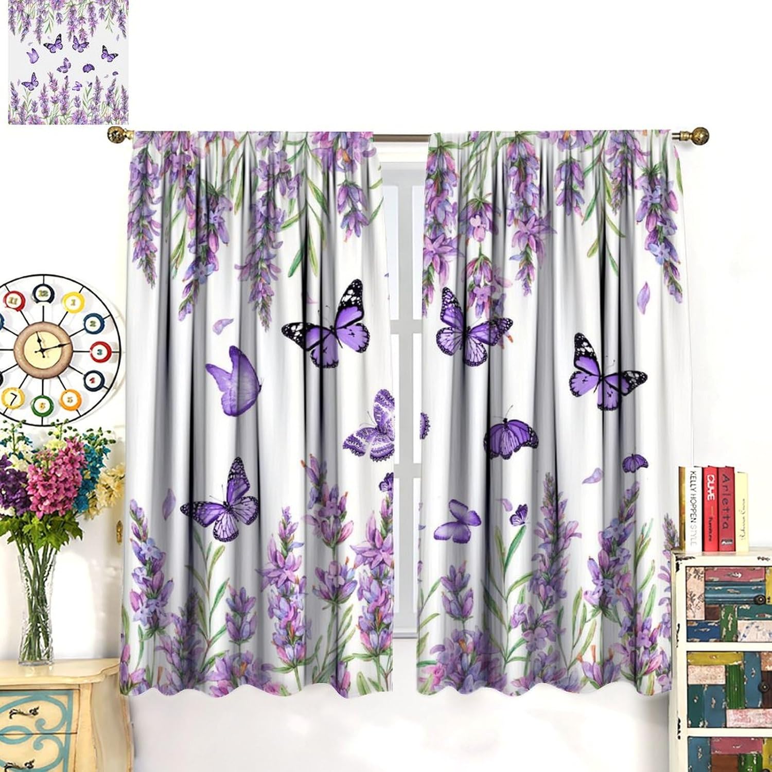 Lavender Curtains, Rustic Lavender Purple Floral Butterfly Green Leaf Blackout Window Treatments, Rod Pocket Thermal Insulated Drapes 2 Panel Sets for Bedroom Living Room, 42" W X 45" L