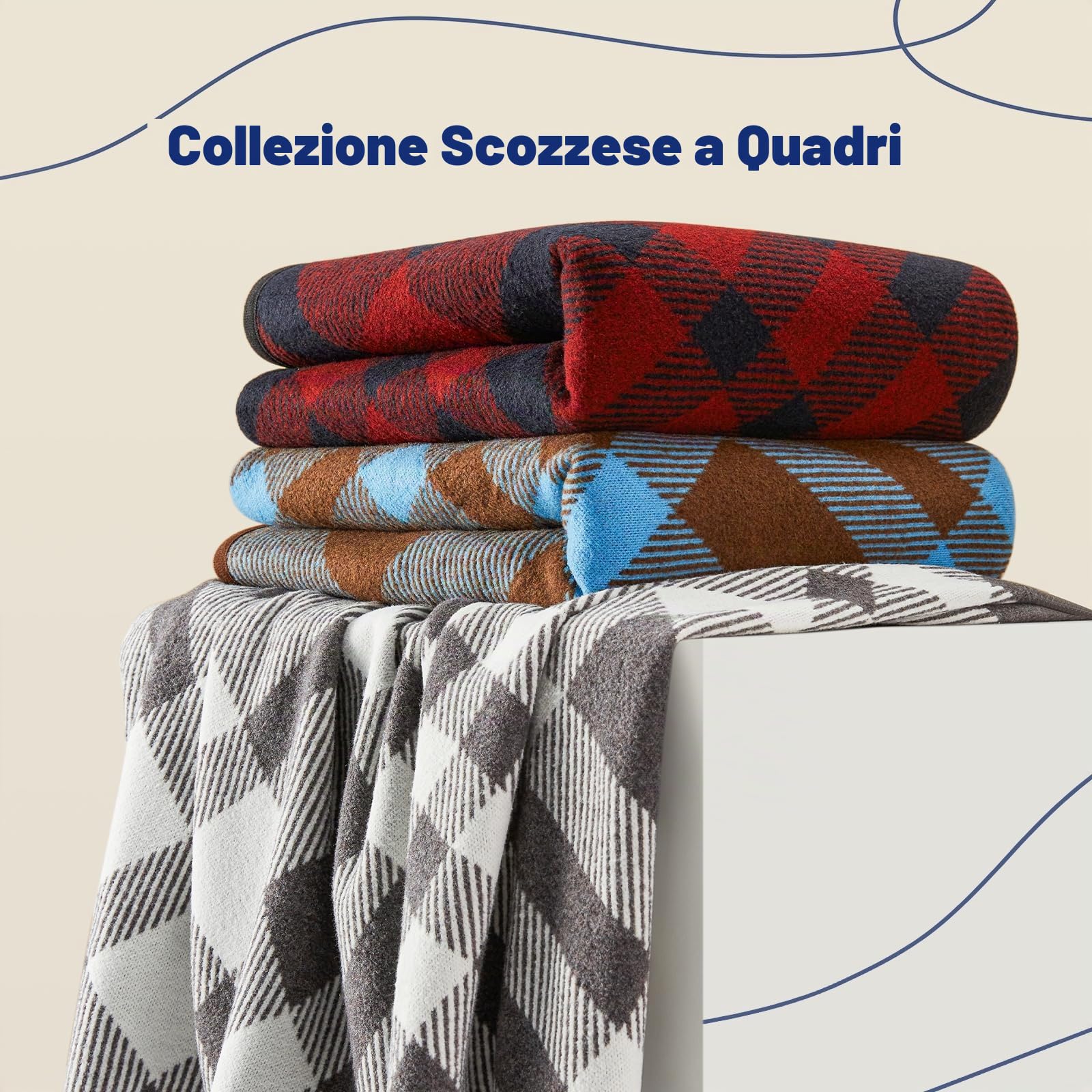 ACUSHLA Coperta morbida in 58% lana merino, grande e morbidissima, ideale per divani, letti, copriletto, inverno all'uncinetto (160 x 200 cm, motivo scozzese a quadri, blu)