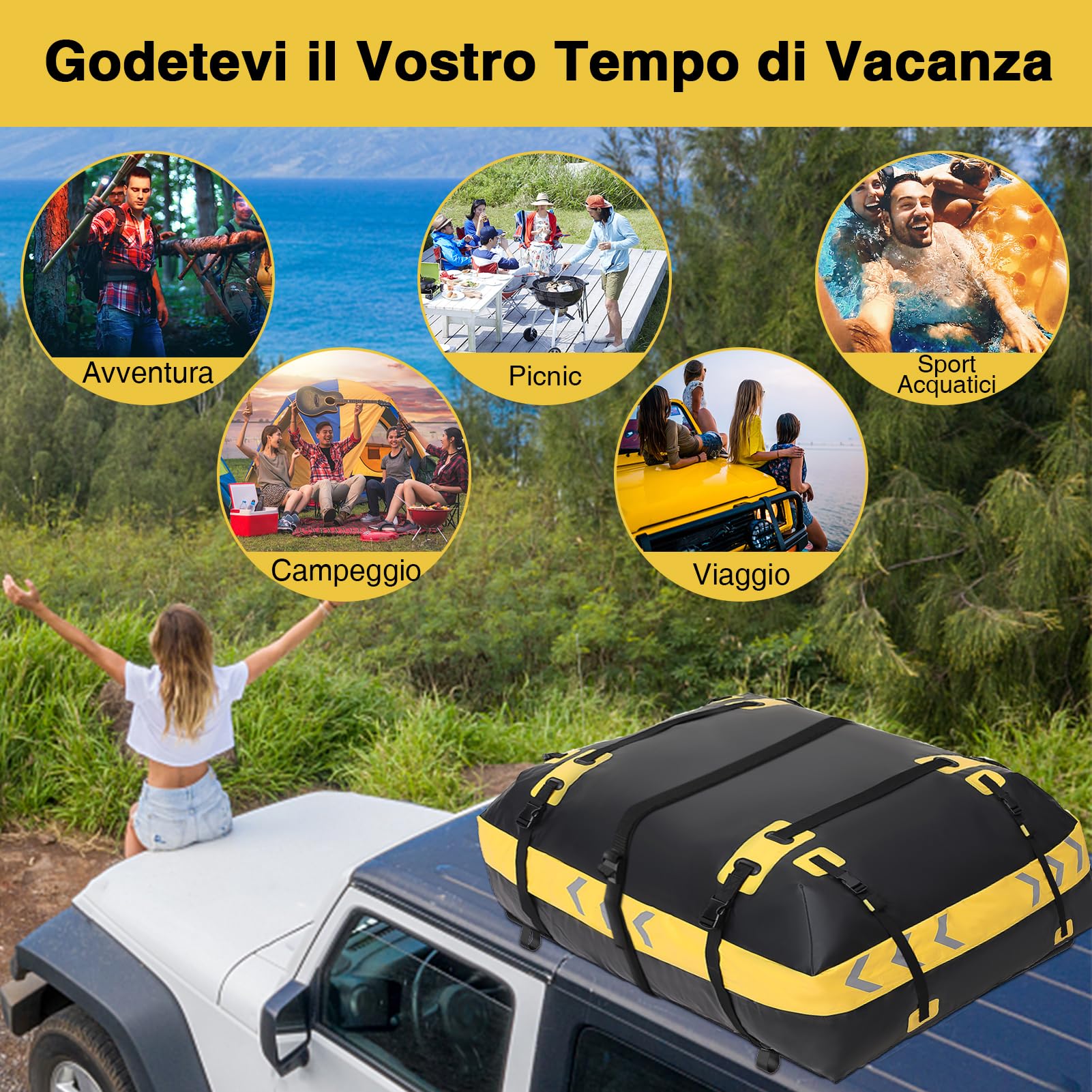 JOBYNA Borsa da Tetto, 15 Piedi Cubi /425 L Bagaglio da Tetto Impermeabile, Box Tetto Auto Pieghevole per Auto Con/Senza Portapacchi, Include Tappetino Antiscivolo+2 Cinghie+ 6 Ganci+Lucchetto