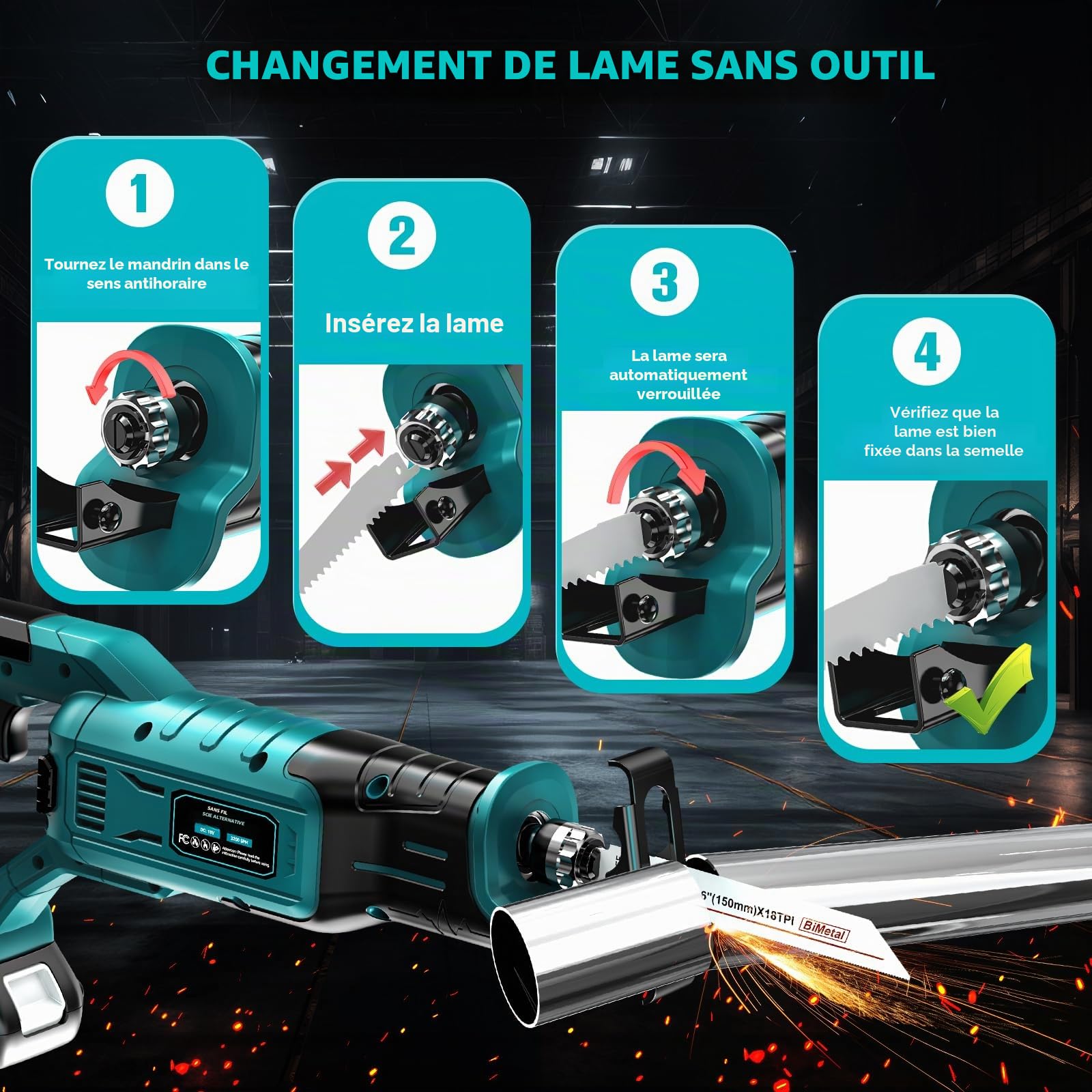 LIVOWALNY Scie Sabre Sans Fil Compatible avec Makita 18V, Moteur Brushless, 3200 cps/min, 3 Vitesses, Changement de Lame Sans Outil, LED, 4 Lames Bois/Métal/PVC(Outils Uniquement)-Bleu