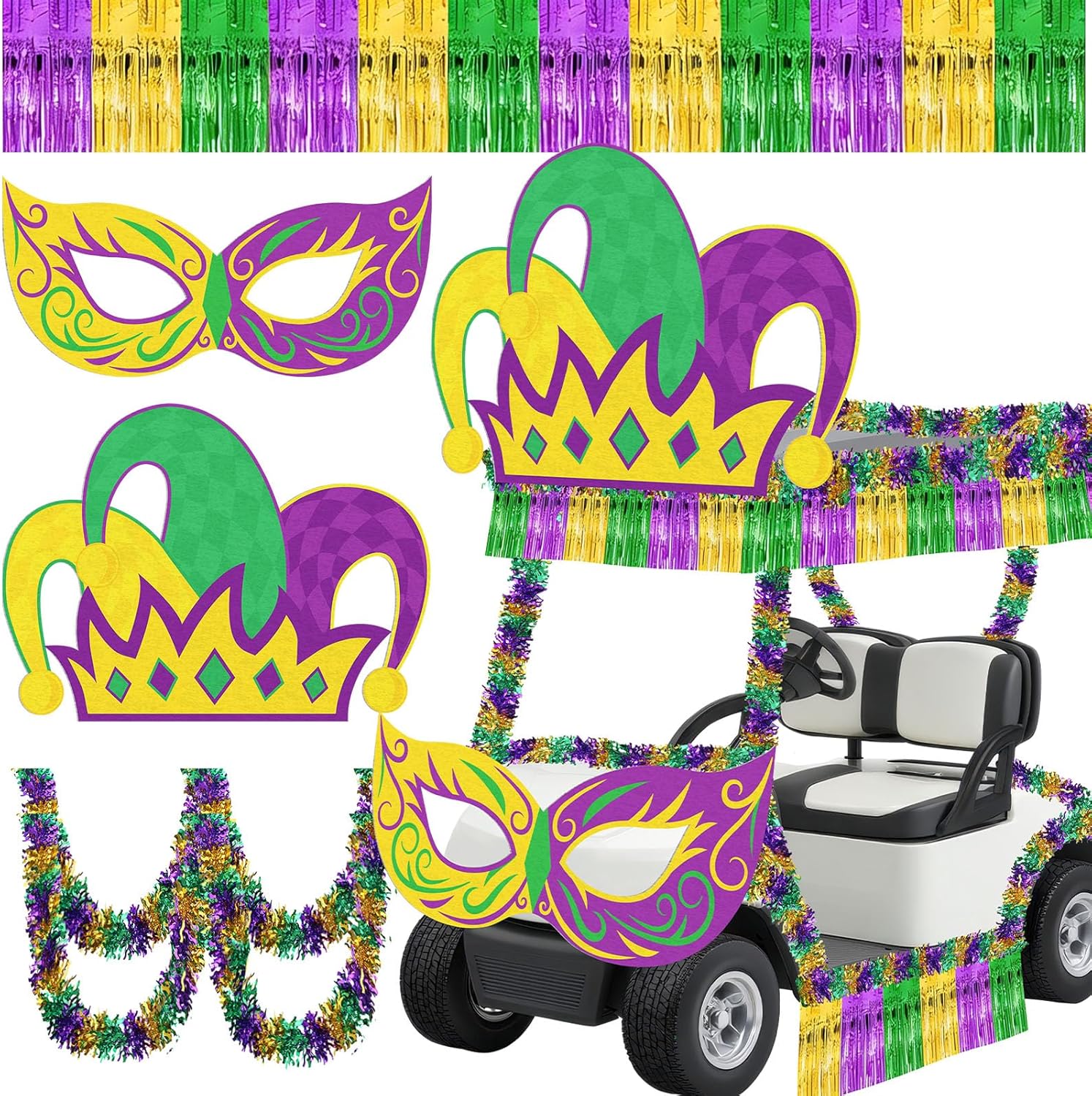 Cinrobiye Mardi Gras Golf Cart decorations Mardi Gras Parade Float Decor Kit Carnival Parade Wagon Decorations with Large Masks Crown Fringe Tinsel Garland for Car Garage Door Carnival Decor Supplies