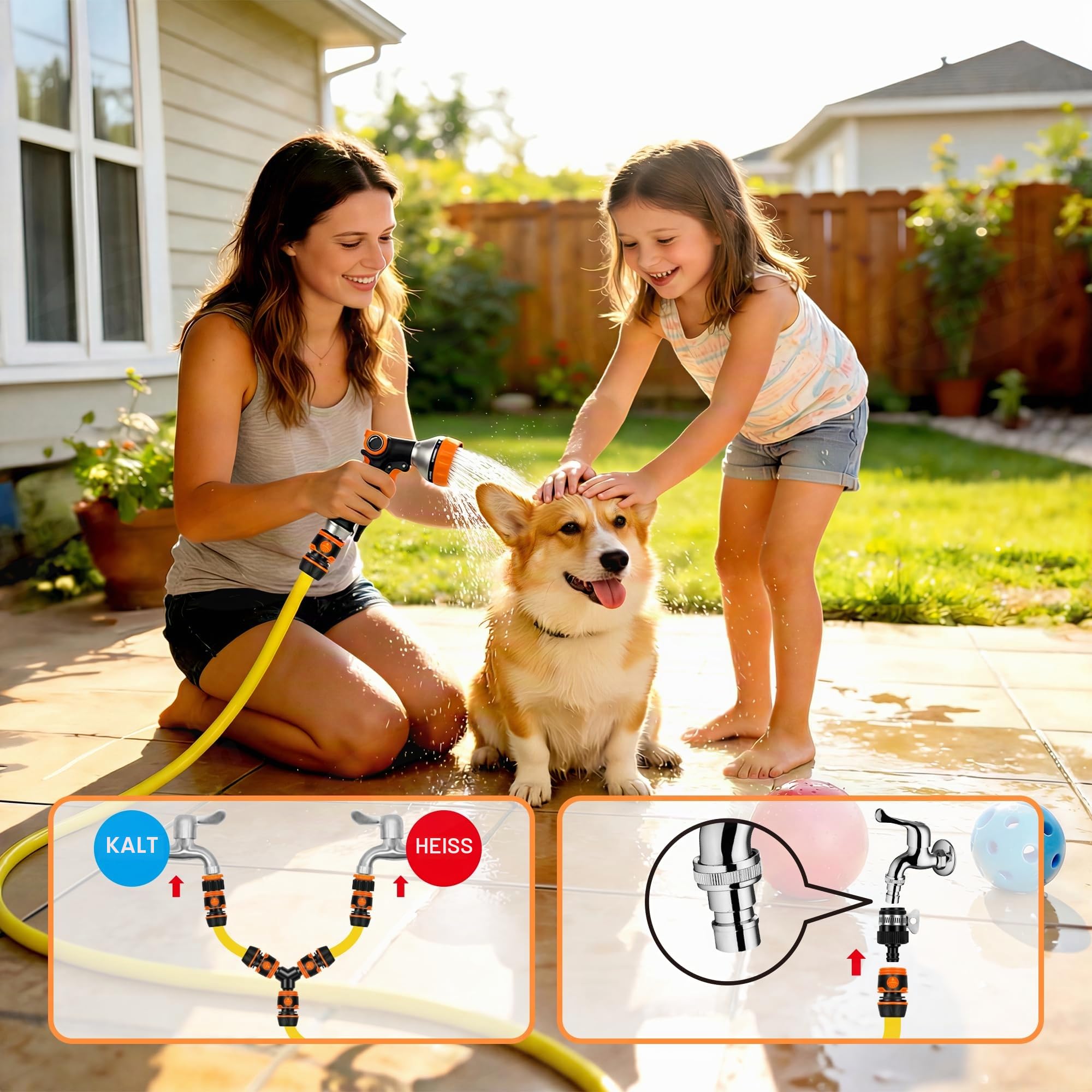 Hundedusche Schlauch-Set 14-teilig – 3m Gartenschlauch für Außenwasserhahn mit Warm-/Kalt-Adapter, Y-Verteiler & 8-Sprühmodi-Pistole – Ideal für Hundepfotenreinigung, Haustierbad, Garten & Autowäsche