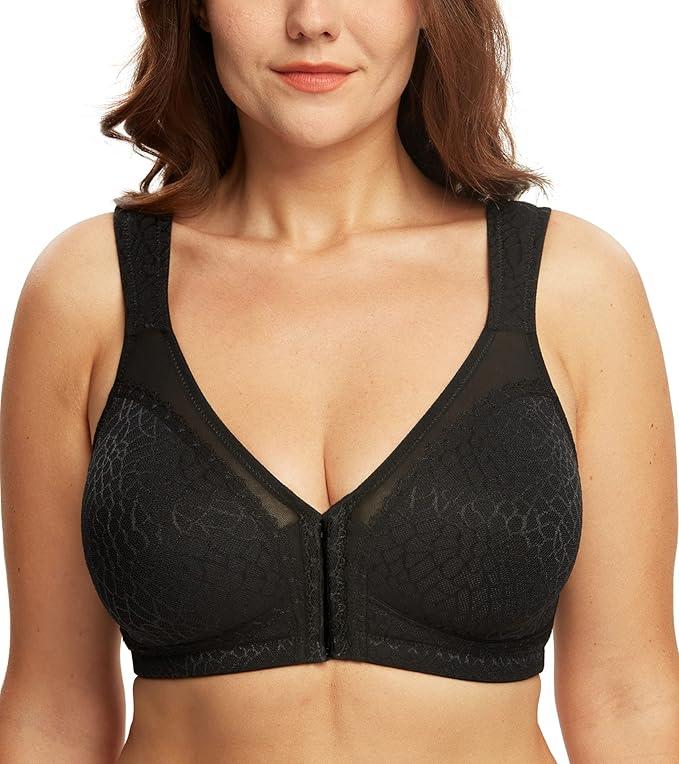 DotVol Women's Full Figure Front Closure Wirefree Jacquard Back Support Posture Bra at Amazon