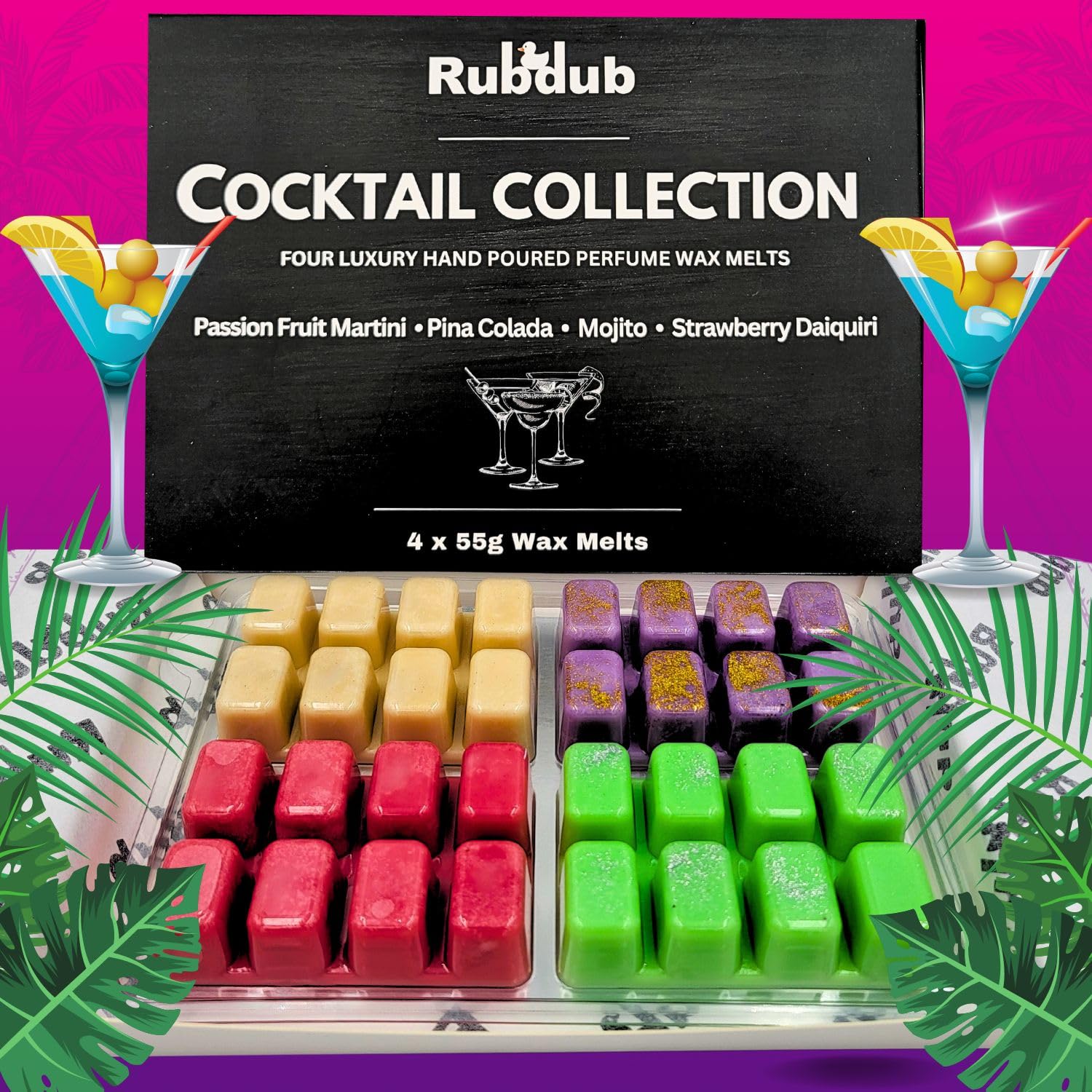 Rubdub Mixed Cocktail Wax Melts - 4 X 55G Soy Wax Melts - 220G Xl Gift Set - Pina Colada - Strawberry Daiquiri - Mojito - Passion Fruit Martini - Strong Wax Melts - Handmade In Kent (Cocktail Xl Collection)