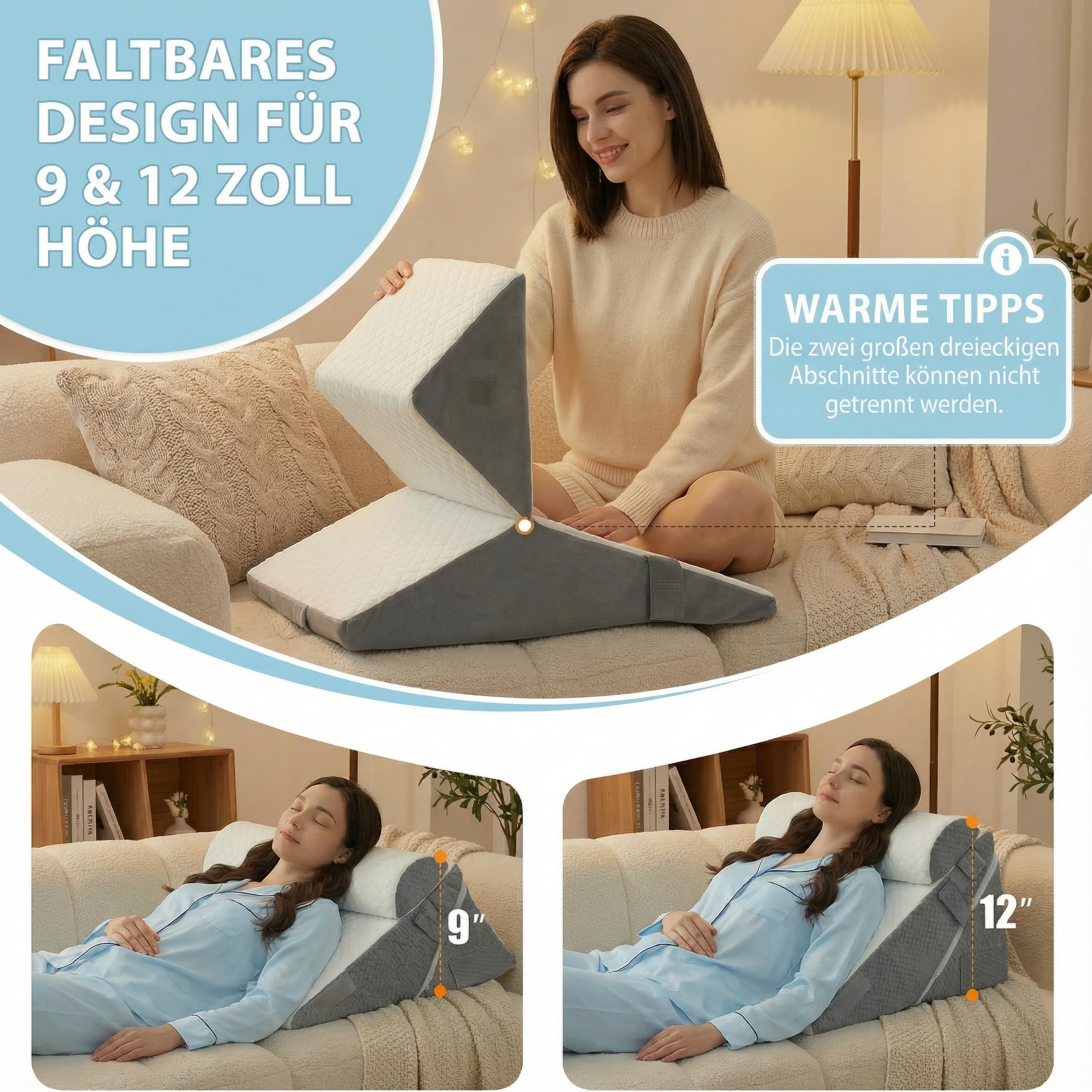 3PCS Set Höhenverstellbar 9''/12'' Orthopädische Keilkissen für Postoperative Unterstützung zur Linderung von Reflux, Rückenkissen, Lesekissen für Bett und Sofa