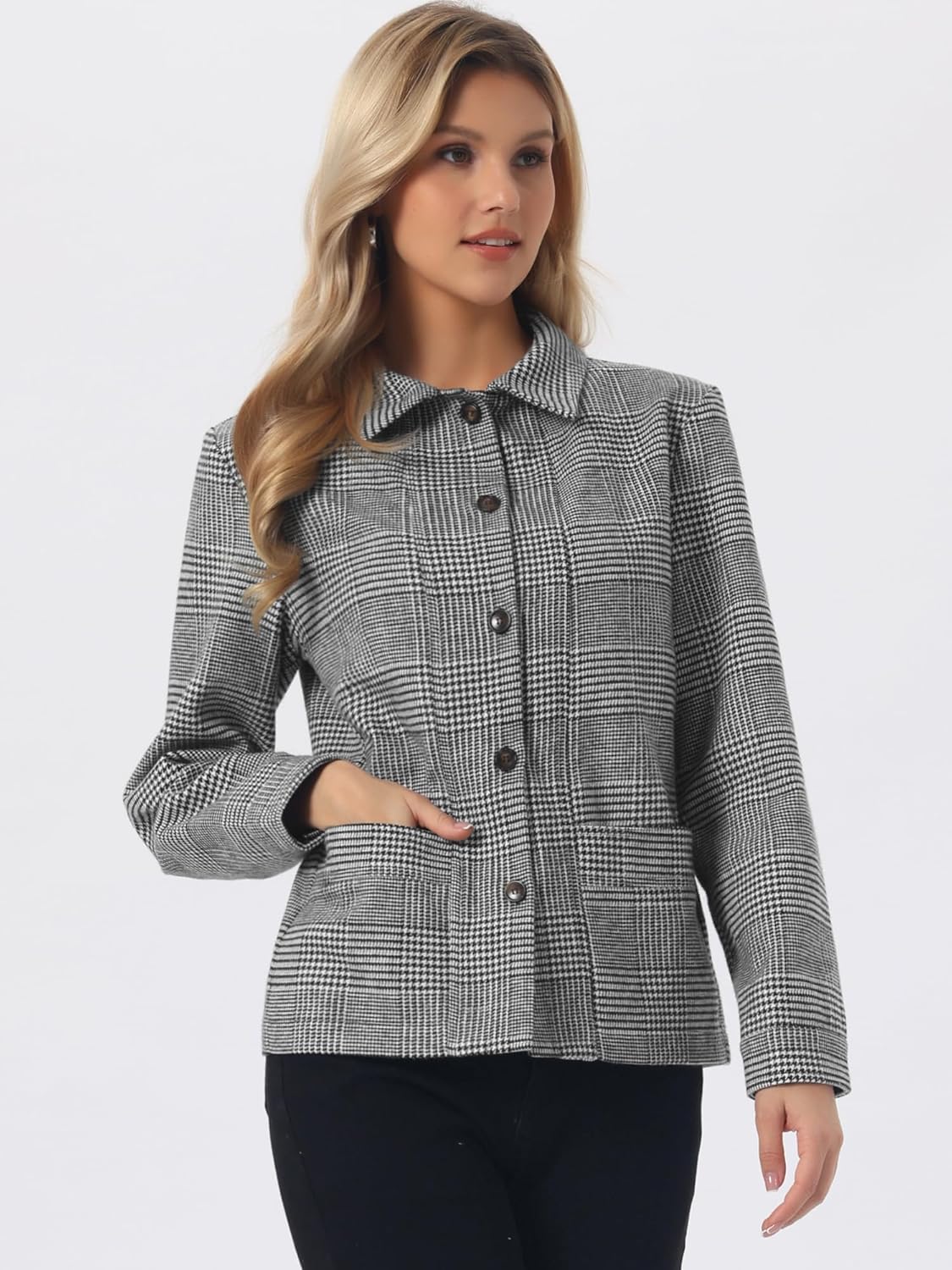 Allegra K Plaid Button Jacket for Women Houndstooth Lapel Trendy Casual Long Sleeve Coat with Pockets 2026